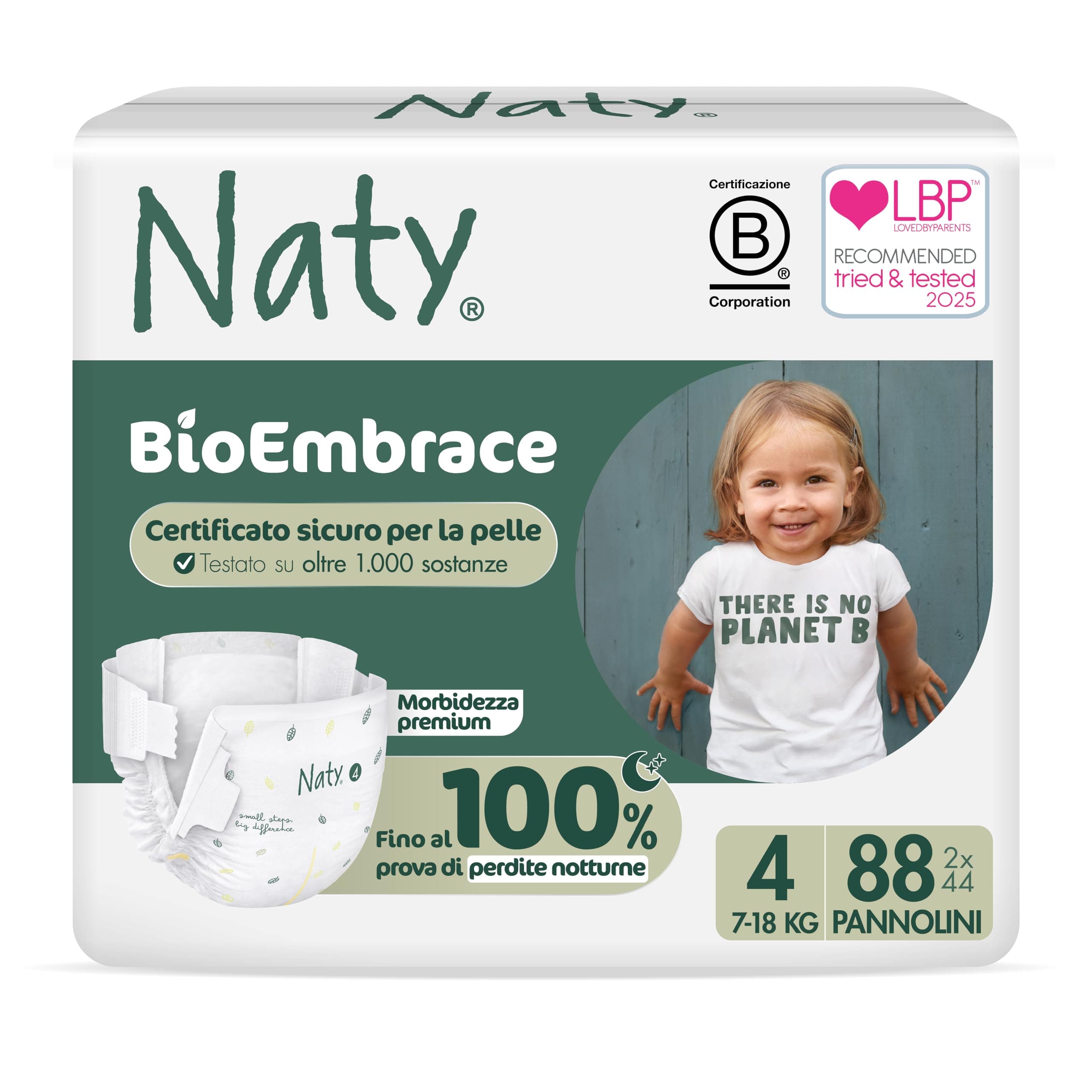 Naty BioEmbrace Pannolini per Bambini | Certificati per pelle sensibile | Protezione anti-perdite fino al 100% | Morbidezza vegetale | Senza profumo & cloro | Taglia 4 (7–18 kg), 88 pz
