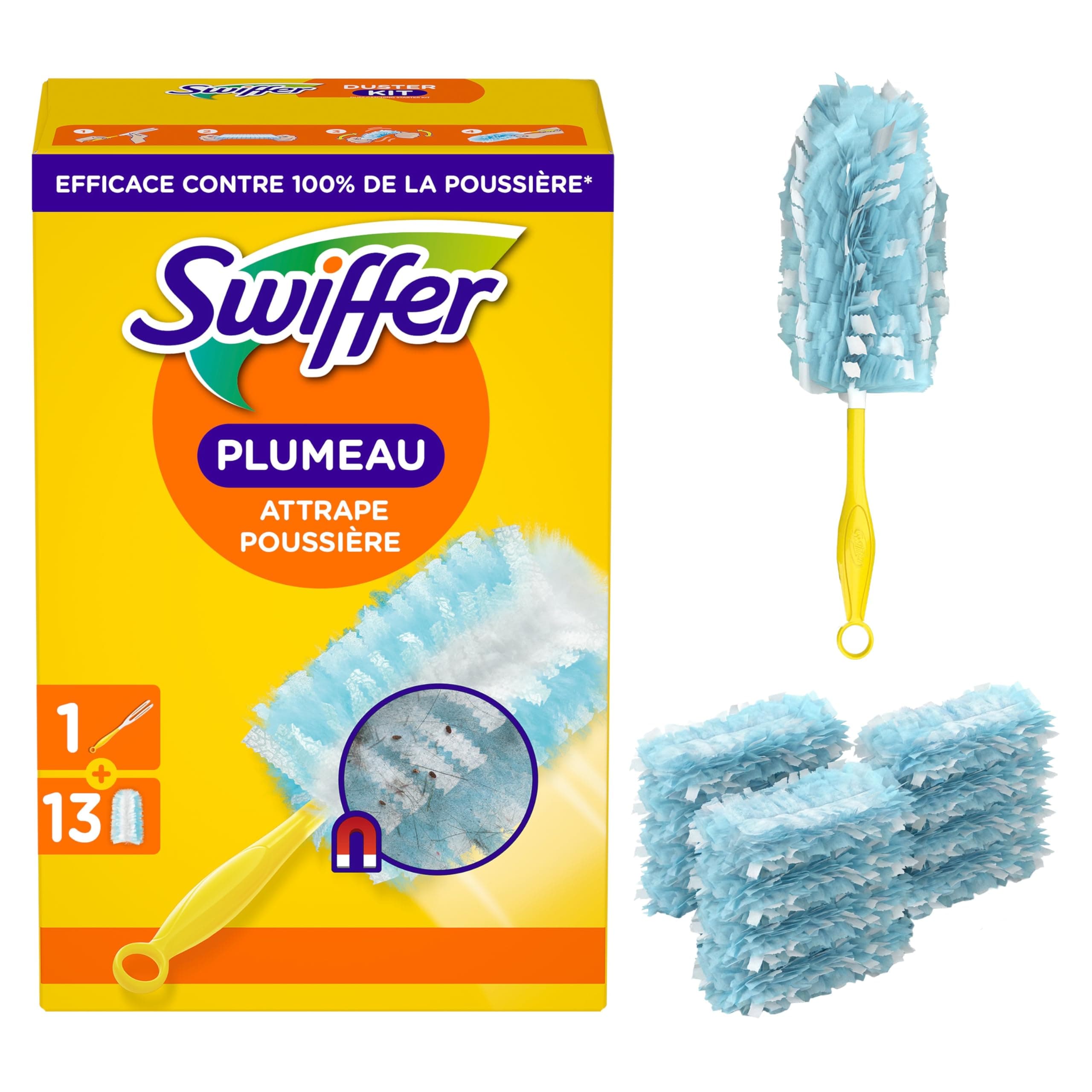 Swiffer Duster Plumeau Kit de Démarrage (1 Manche + 13 Recharges), Capture Poussière, Poils & Allergènes, Efficace Contre 99.9% des Poussières, Atteint Les Coins Difficiles, Rapide et Efficace