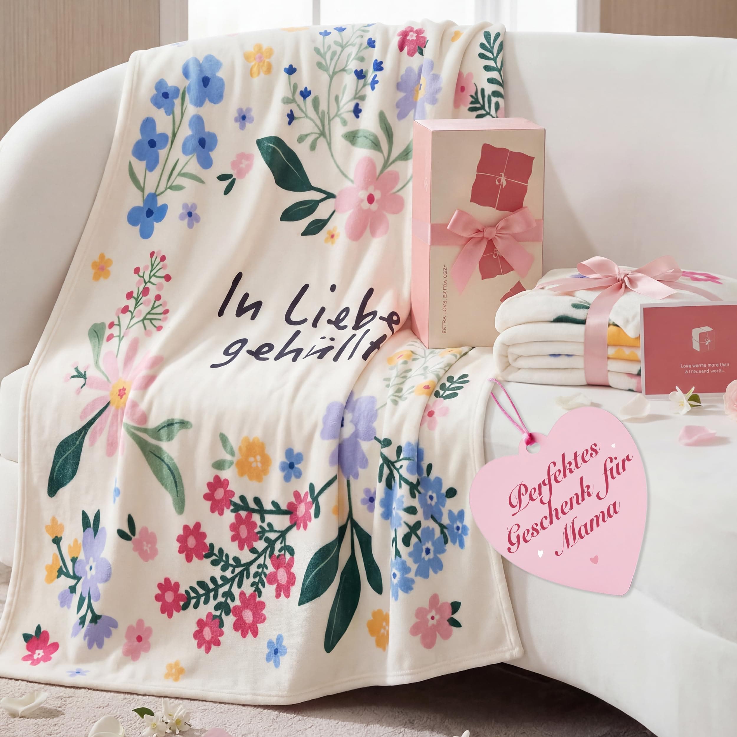 BEDSURE Geschenke für Freundin Kuscheldecke - Deko Decke für Freund, Papa, Oma, Mama & Frauen - Weiche Flauschige Fleecedecke, Geschenk für Muttertag, Vatertag, Geburtstag - 130x150 cm Weiß Blumen