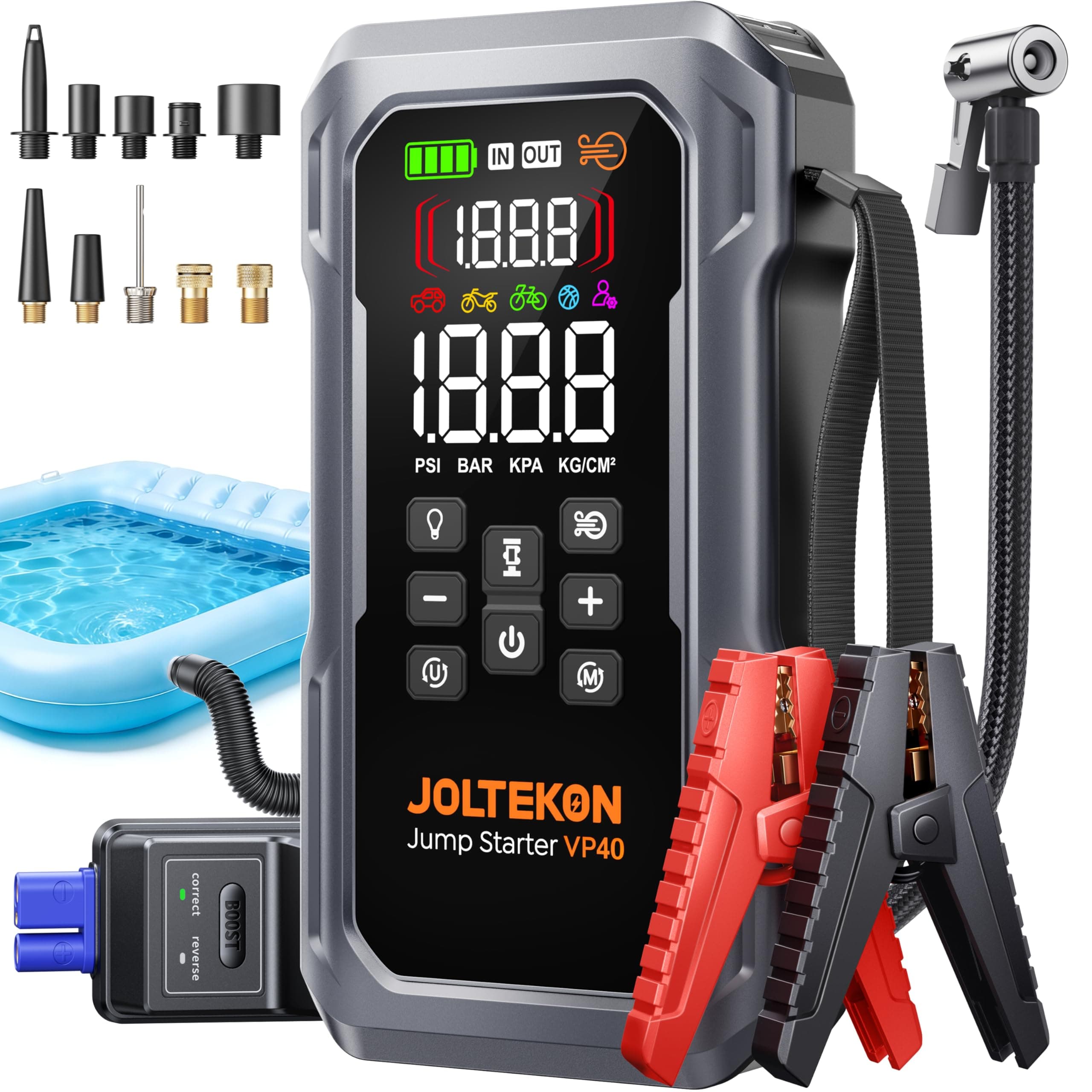 Arrancador de Baterías de Coche con Compresor de Aire y Soplador, 7000A Joltekon 12V Arrancador de Coche Portatil (Todo Gas/12,0L Diesel) con 160PSI Inflador, Soplador de Inflado/Desinflado y Linterna