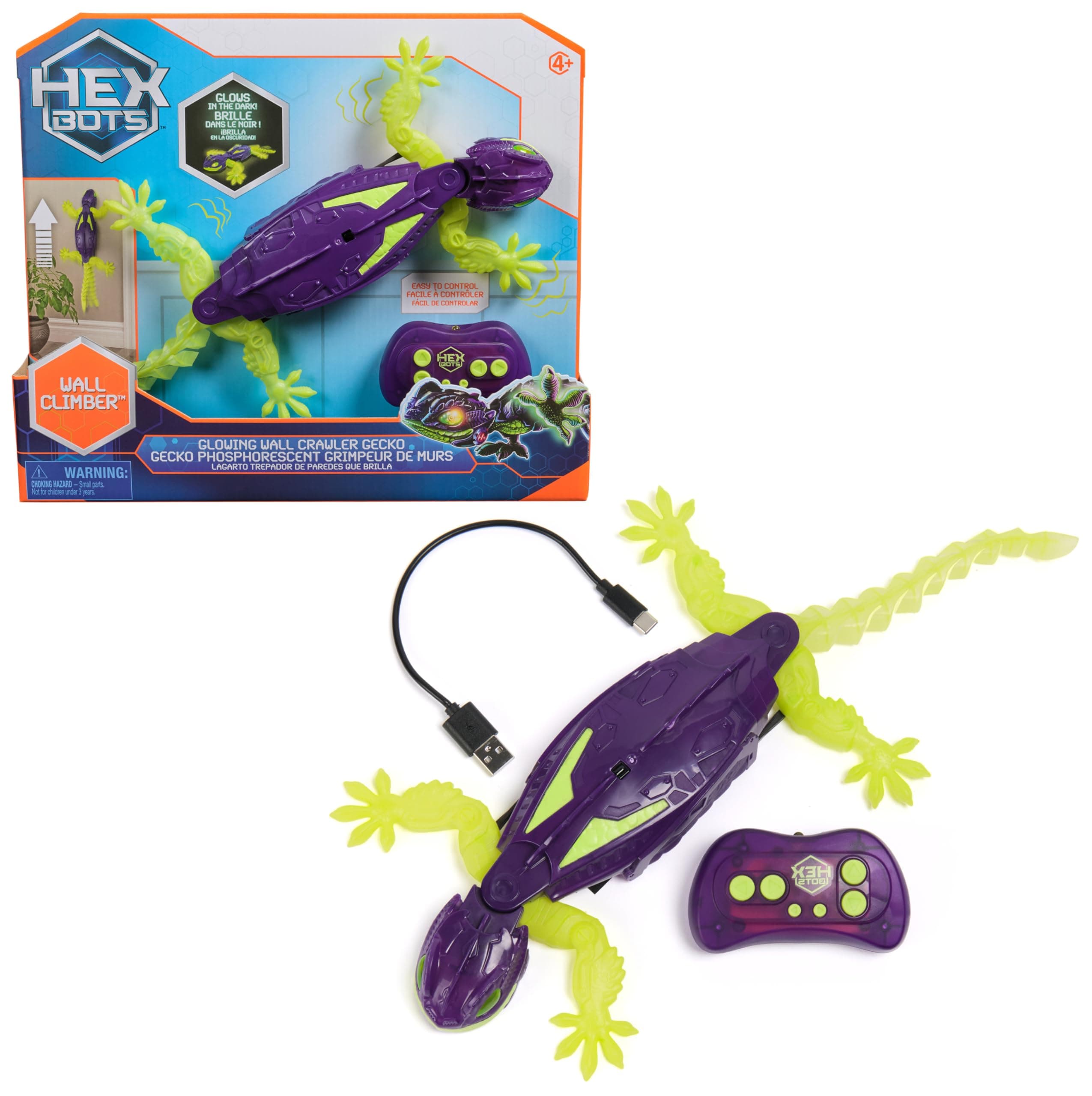 Hex Bots - Gecko Radiocommandé Phosphorescent Qui Rampe sur Le Sol Et Les Murs - Lézard Télécommandé avec Yeux Lumineux - Pilotage Facile - Câble USB Inclus - Jouet Enfant 4 Ans et +