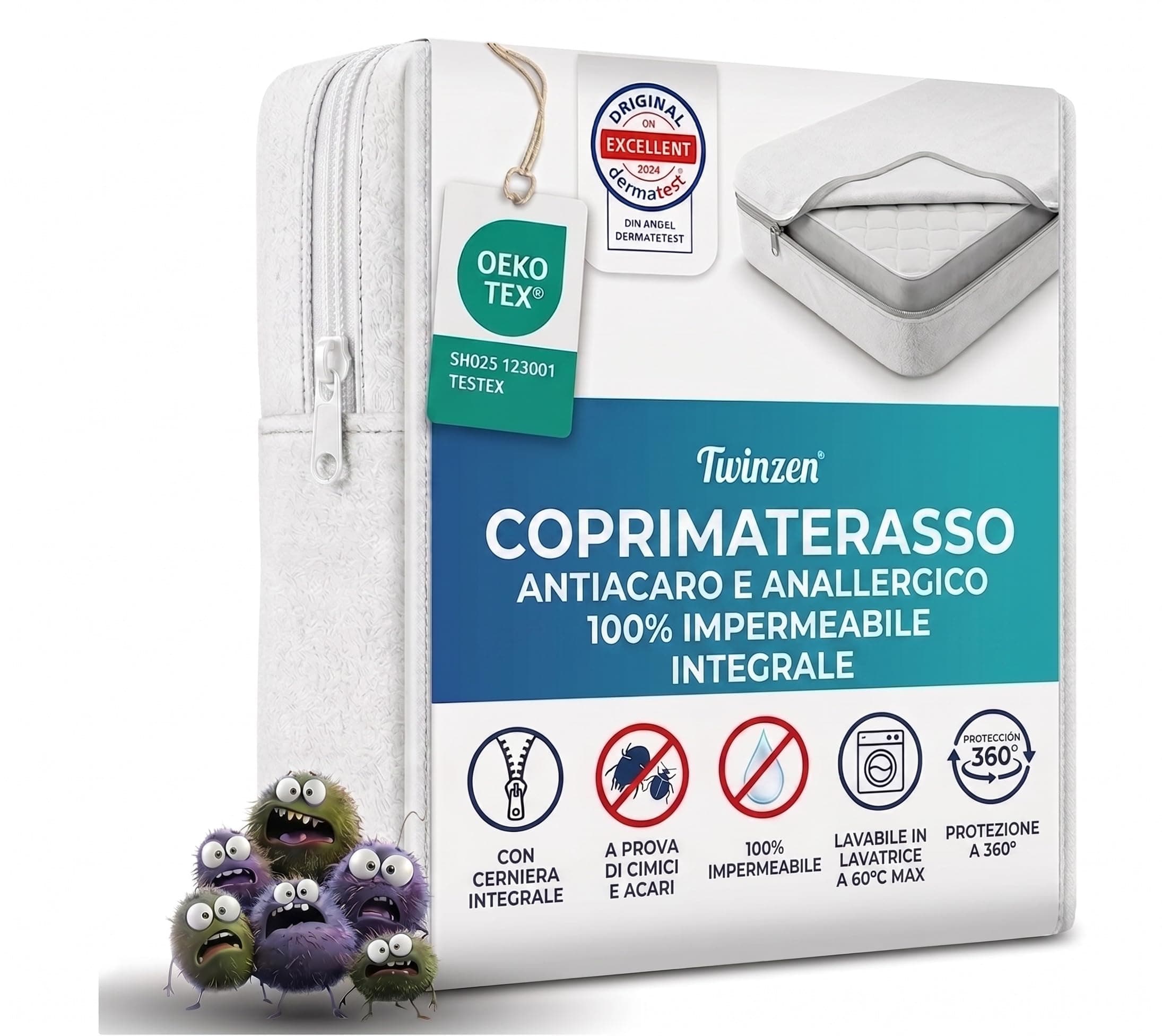 Twinzen - Coprimaterasso Matrimoniale con Cerniera - coprimaterasso 160 x 200 x 20 cm - Impermeabile, Antiacaro e Anticimici - Bi-Ome & Oeko-Tex