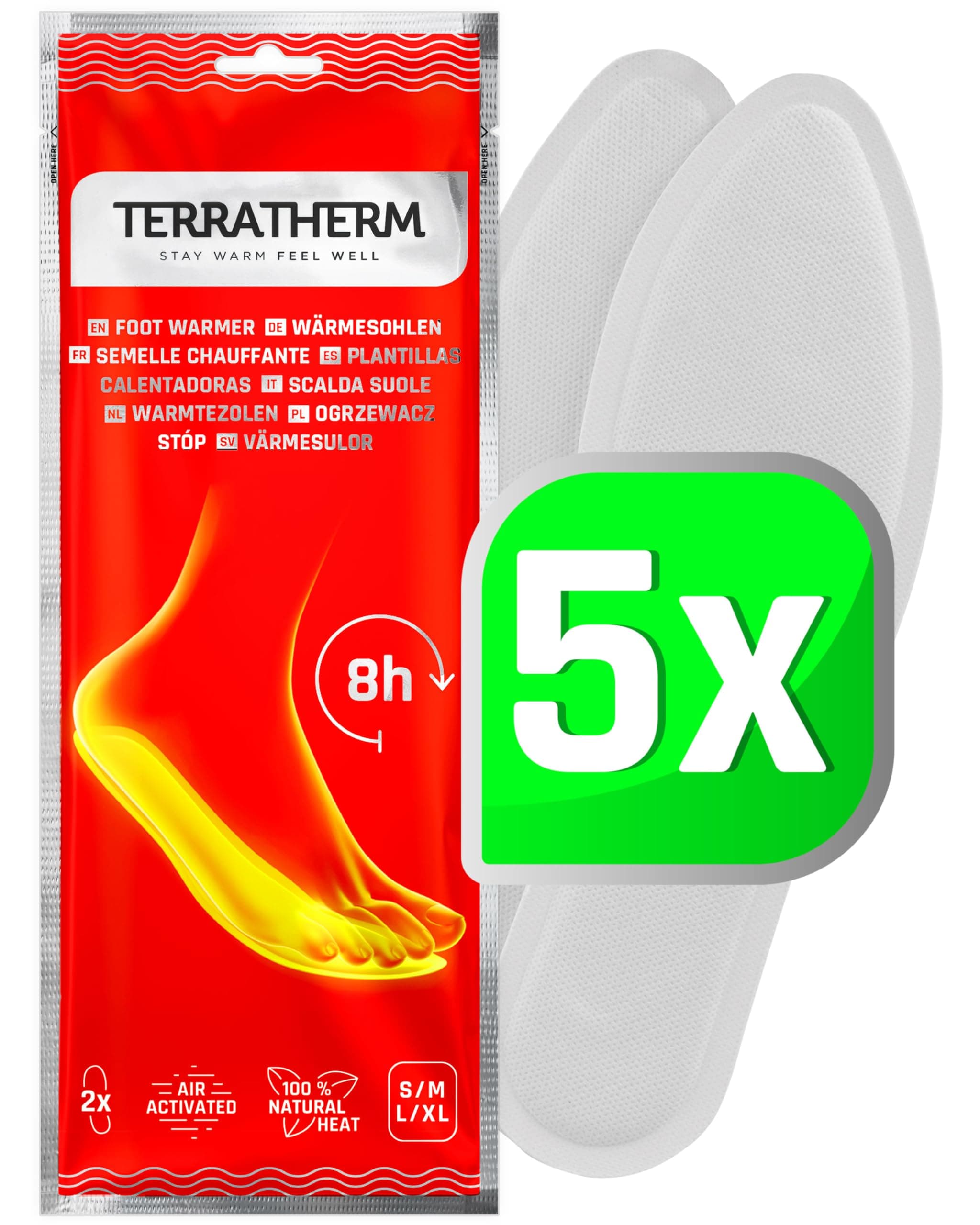 Terratherm Solette riscaldanti - attivato dall’aria - per 8 ore die calore per i piedi - 5, 10 o 30 paia - scaldapiedi per scarpe - suole riscaldanti con 100% calora naturale