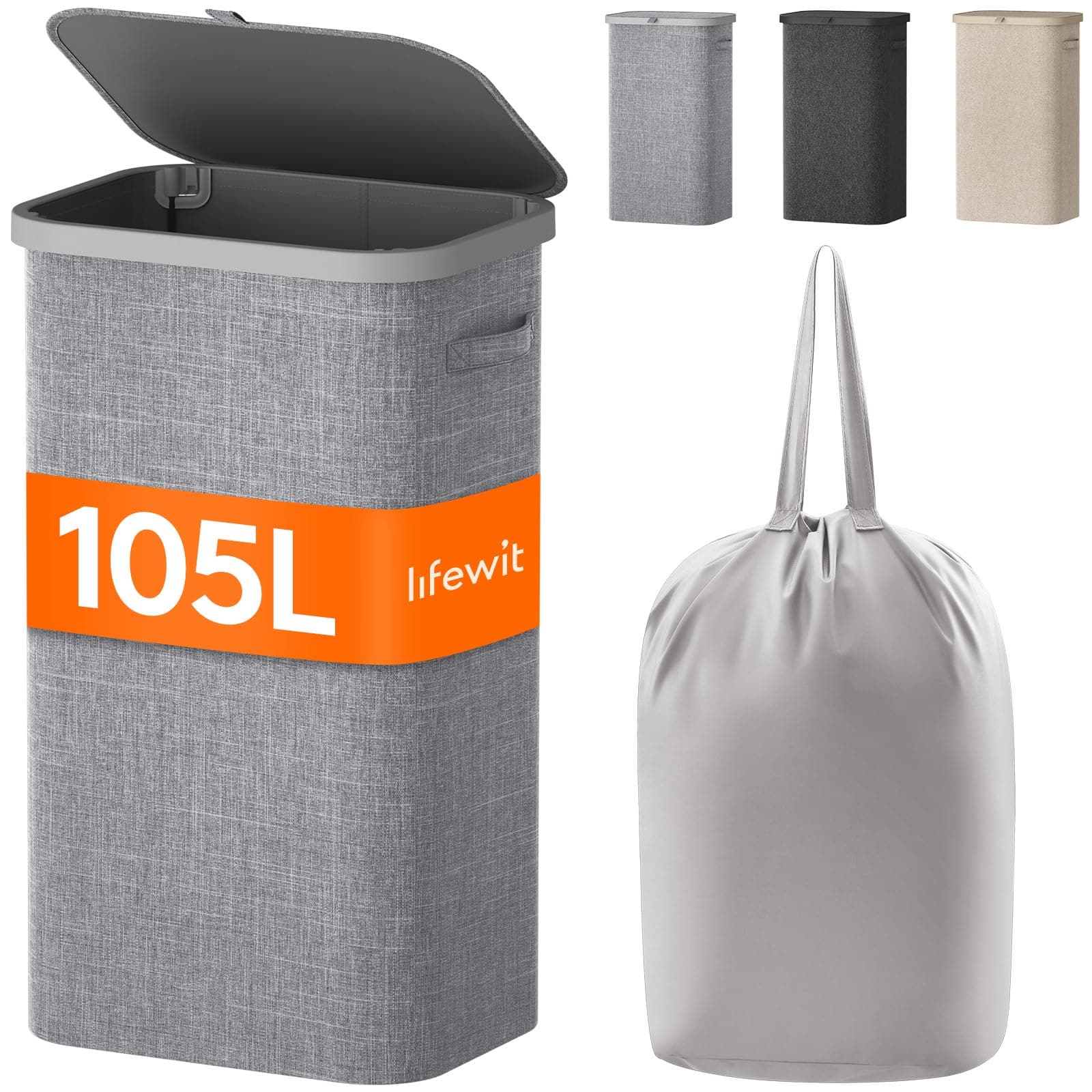Lifewit Panier Linge Sale, Bac Linge avec Couvercle, Corbeille Linge avec Plastique Poignées et Sac Linge, Laundry Basket pour Buanderie, Chambre, Salle de Bain, 105 L, Gris Clair