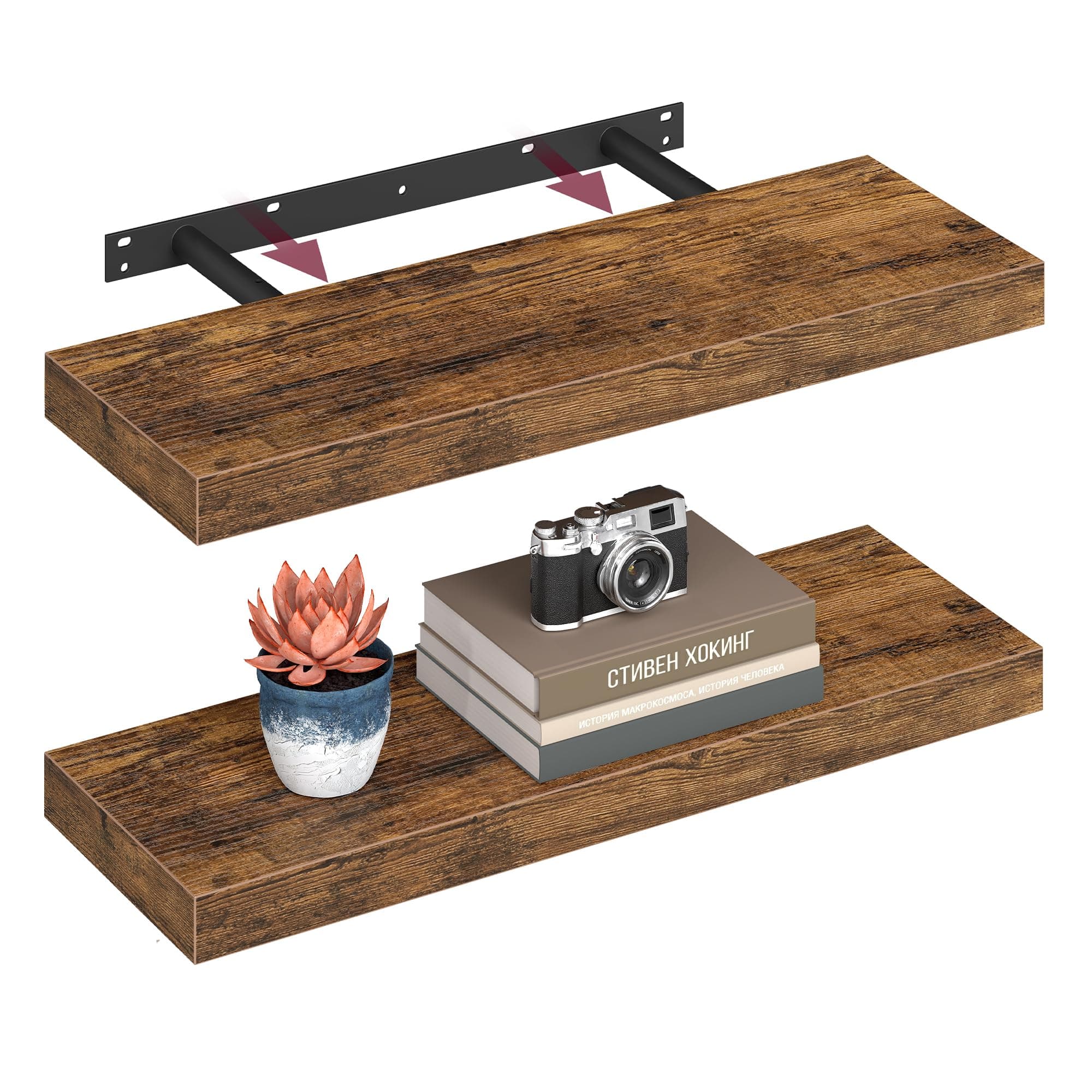 VASAGLE Wandregal, 2er Set, Schweberegal, Regalbrett, 20 x 60 x 3,8 cm, Wandboard für Bilderrahmen, Deko, Regal für Wohnzimmer, Arbeitszimmer, Küche, vintagebraun LWS26BX-2