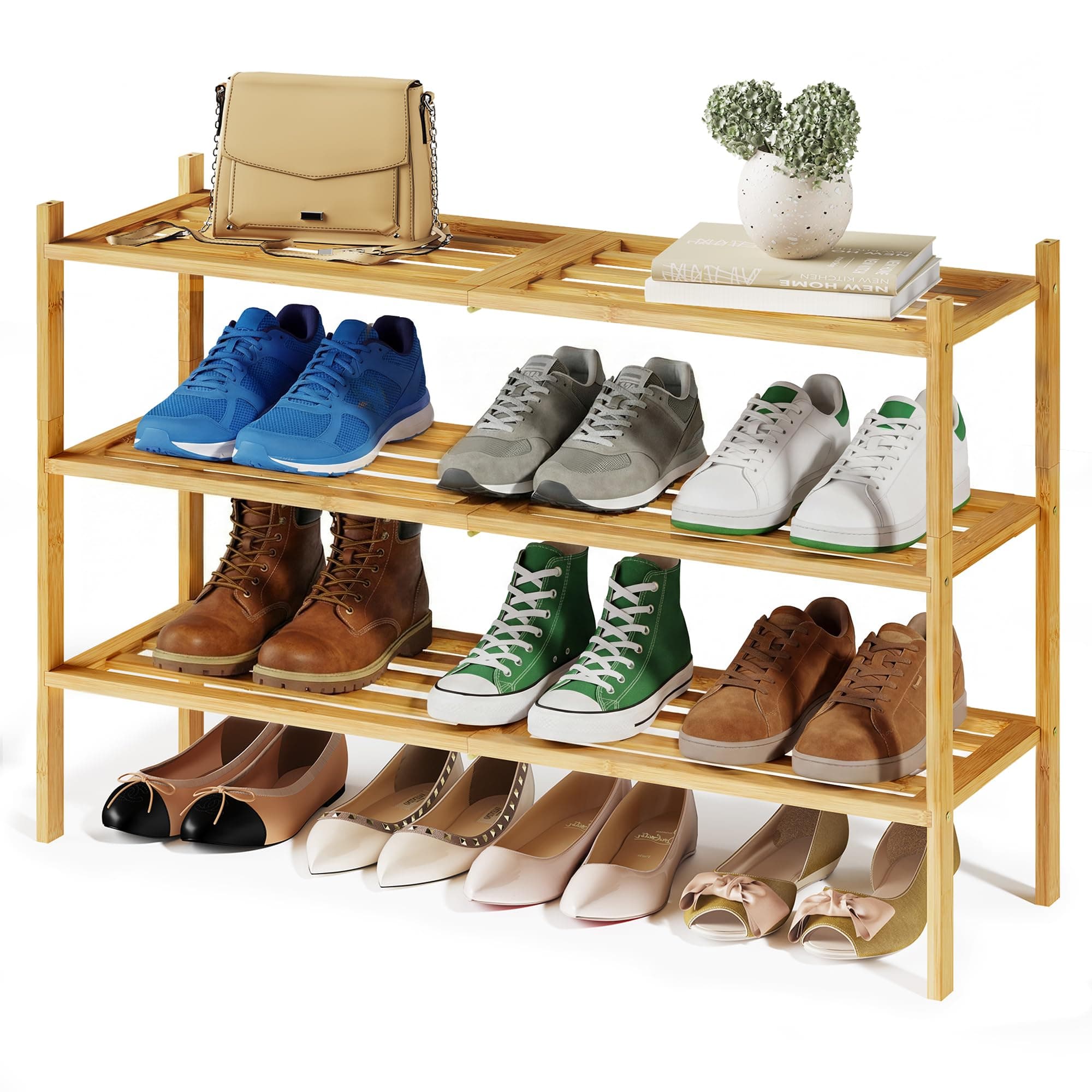 SONGMICS Schuhregal aus Bambus, Schuhablage 3 Ebenen, stapelbar, platzsparend, Regal für Flur, Wohnzimmer, Schlafzimmer, Garage, für 12-16 Paar Schuhe, 25 x 70 x 51,5 cm, naturfarben LBS053YL01