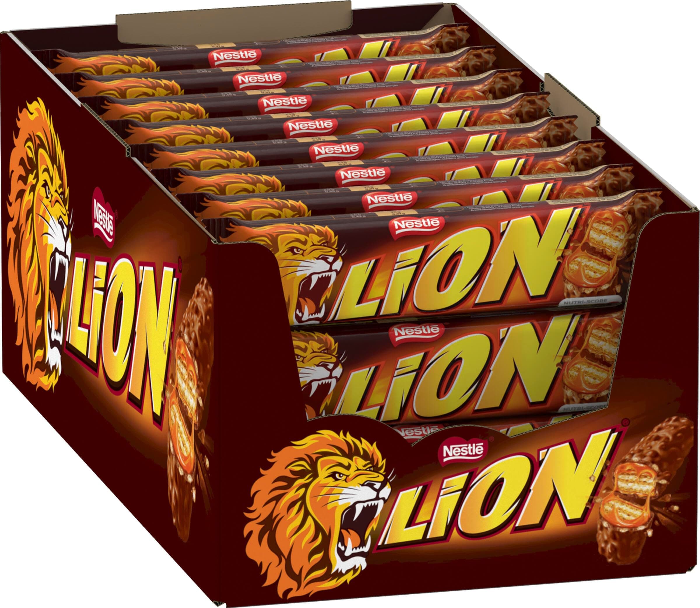 Nestlé LION Schokoriegel mit Karamell, bissiger Snack, knackige Schokolade & knusprige Crisps, Karamellfüllung, das besondere Beißerlebnis, 24er Pack (24 x 42g)