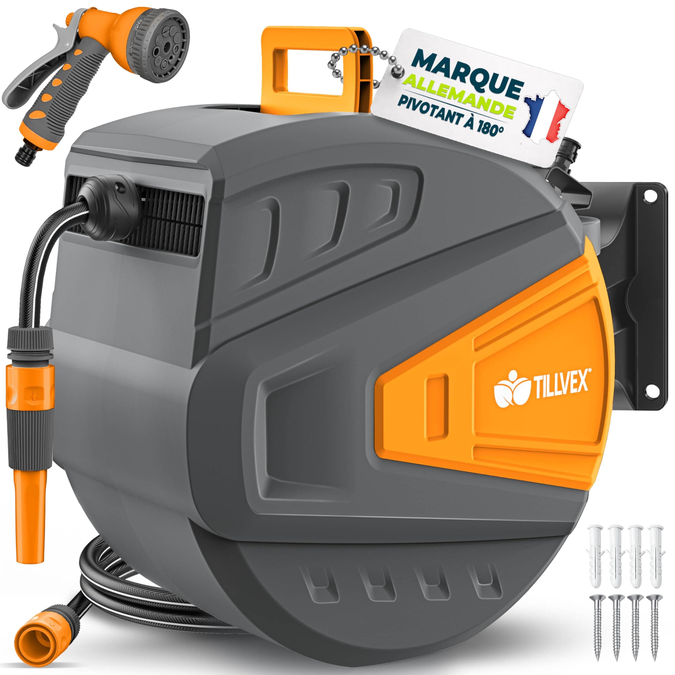 tillvex Enrouleur de Tuyau d'arrosage pour Jardin 20+2m avec support mural + poignée | Dévidoir pour tuyau avec pistolet à eau et tuyau d'arrosage | Pivotant à 180° (Anthracite/Orange, 20m)