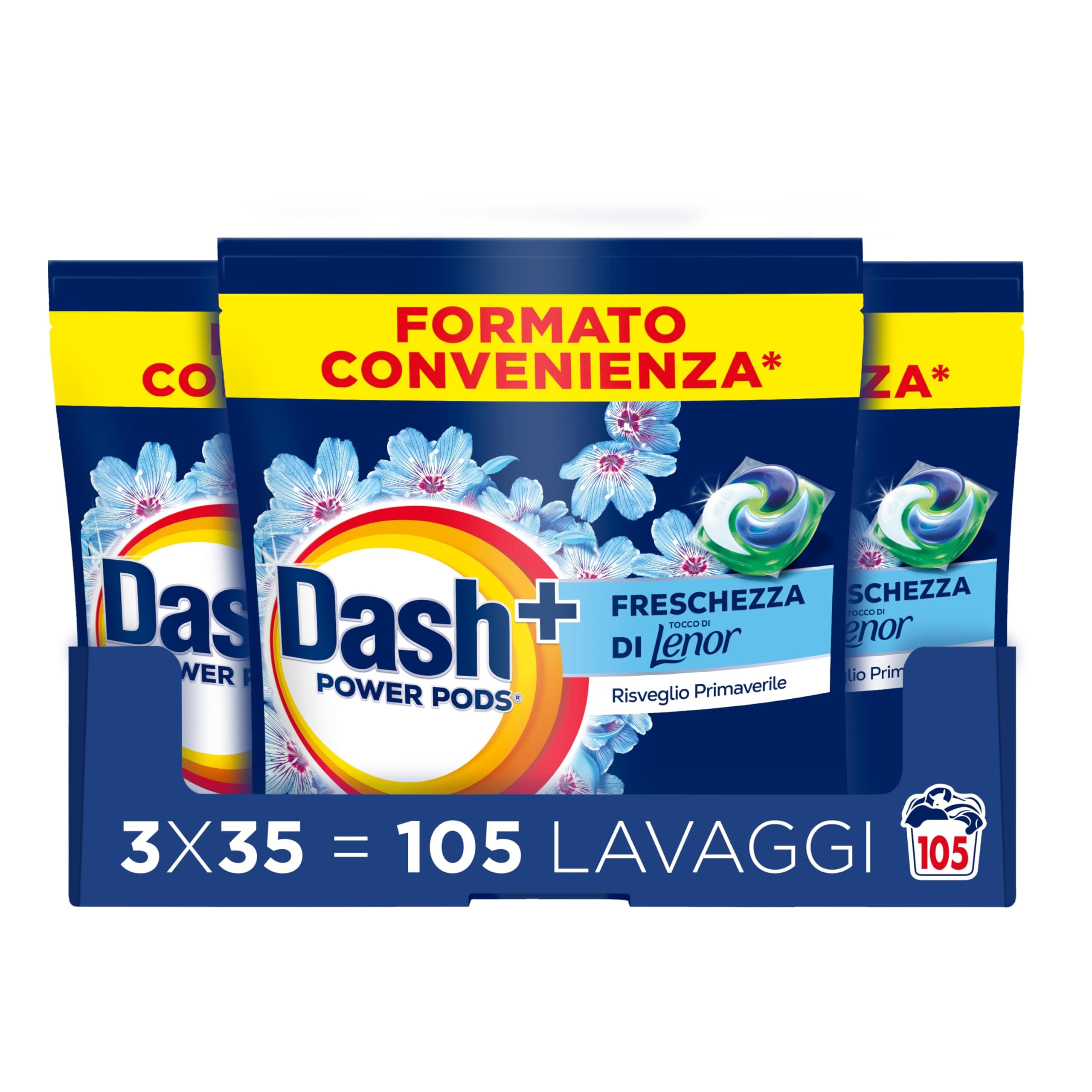 Dash Power Pods Detersivo Lavatrice In Capsule, 105 Lavaggi(3x35), Freschezza Di Lenor, Risveglio Primaverile, rimuove addirittura gli odori di sudore vecchi di 7 giorni, per una pulizia impeccabile