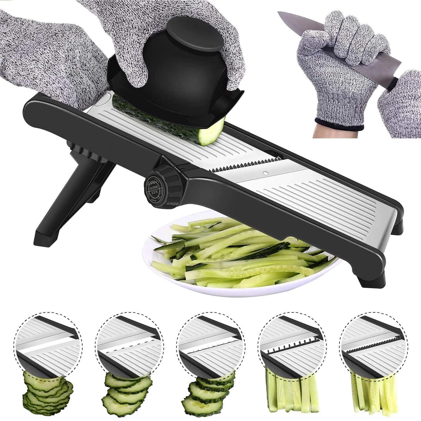 Mandolina de Cocina Cortador De Verdura - Mandolina Profesional Ajustable De Acero Inoxidable, Con Protección Para Las Manos, Realiza Rebanadas Gruesas De 1 A 9 mm, Cortador de Verduras Manual