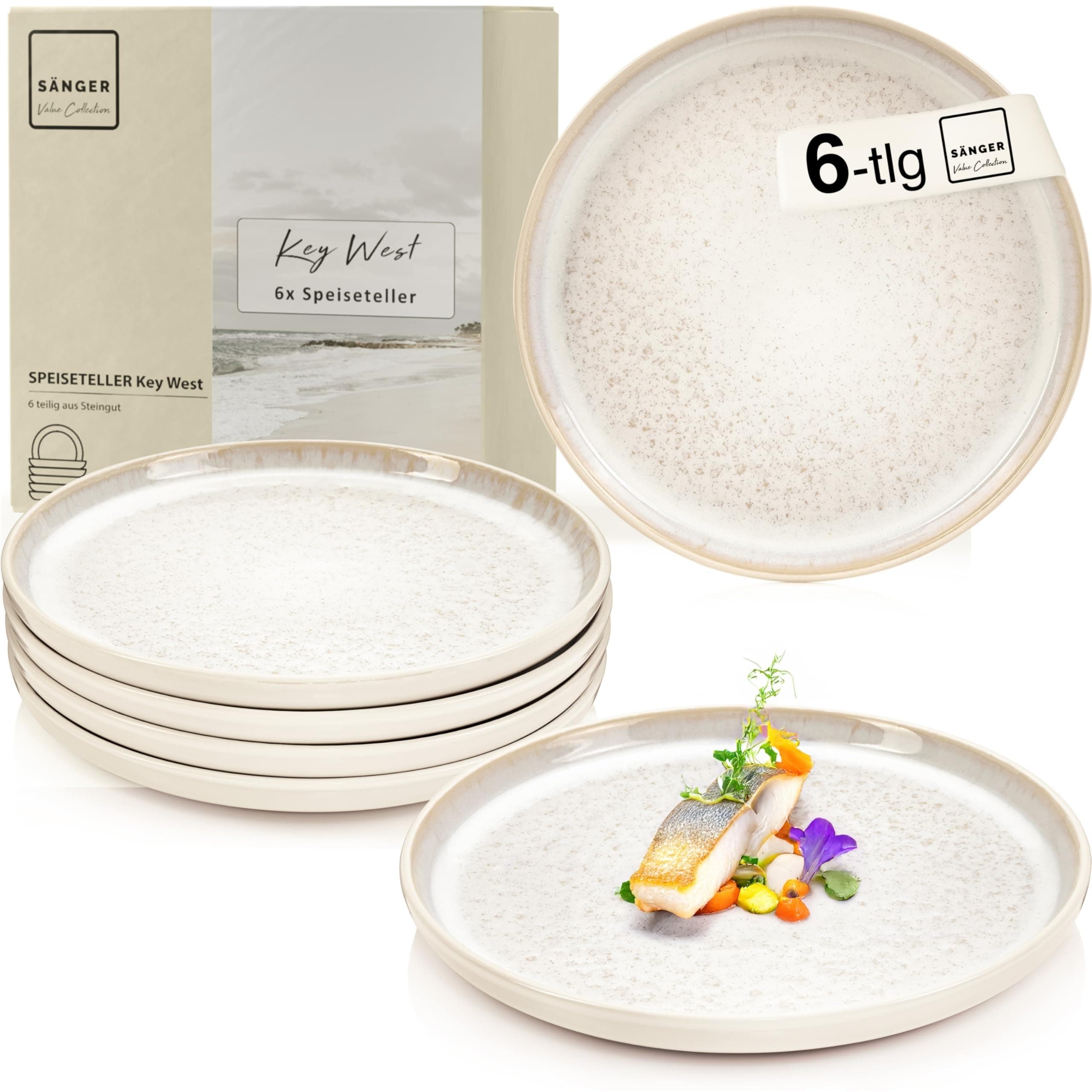 SÄNGER Key West | Teller Set 6 Personen, Steingut Geschirr Set 6 teilig, Speiseteller Essteller Dinner Set kratzfest, Plates Set, Speise Teller Creme mit sandiger Maserung | VALUE COLLECTION