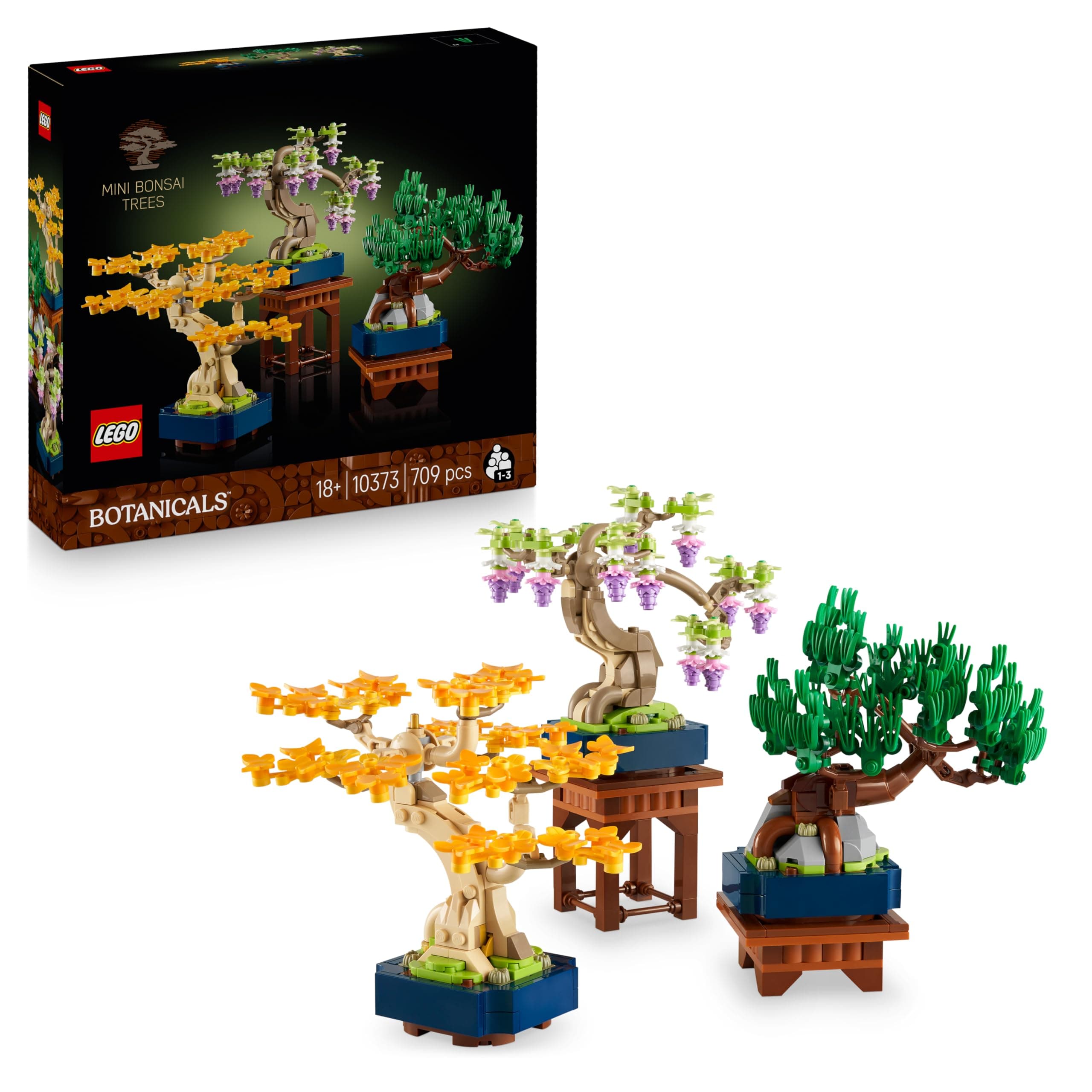 LEGO Botanicals Mini Bonsai - Piante Artificiali di Gingko, Pino Nero, Glicine e 2 Espositori - Kit di Modellismo Fai Da Te - Decorazione per la Casa - Idea Regalo per Adulti - 10373