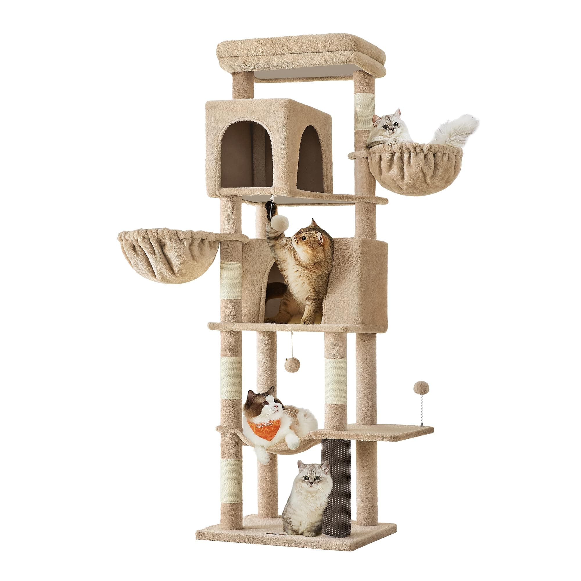 Feandrea Kratzbaum, 175 cm hoch, XL, mehrstöckiger Katzenbaum mit 2 Höhlen, 2 Liegemulden, 5 Kratzsäulen, Katzenbürste, große Plattform, Kamelbraun PCT182K01