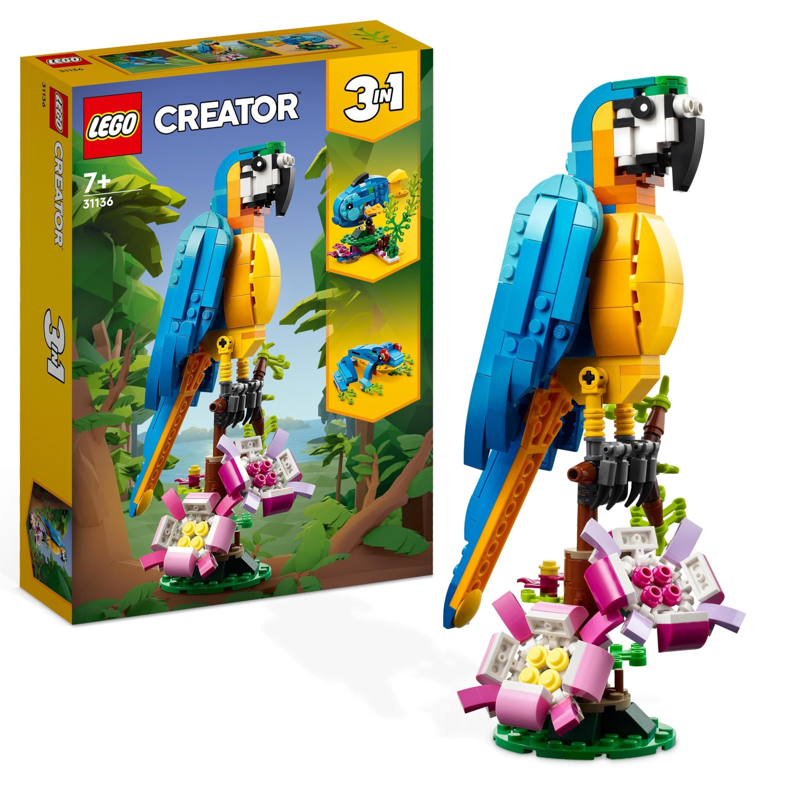 LEGO Creator 3in1 Exotischer Papagei - Konstruktionsspielzeug mit DREI Tierfiguren - Spielzeug mit Papagei, Fisch und Frosch Minifiguren - Kreatives Geschenk für Mädchen und Jungen ab 7 Jahren 31136