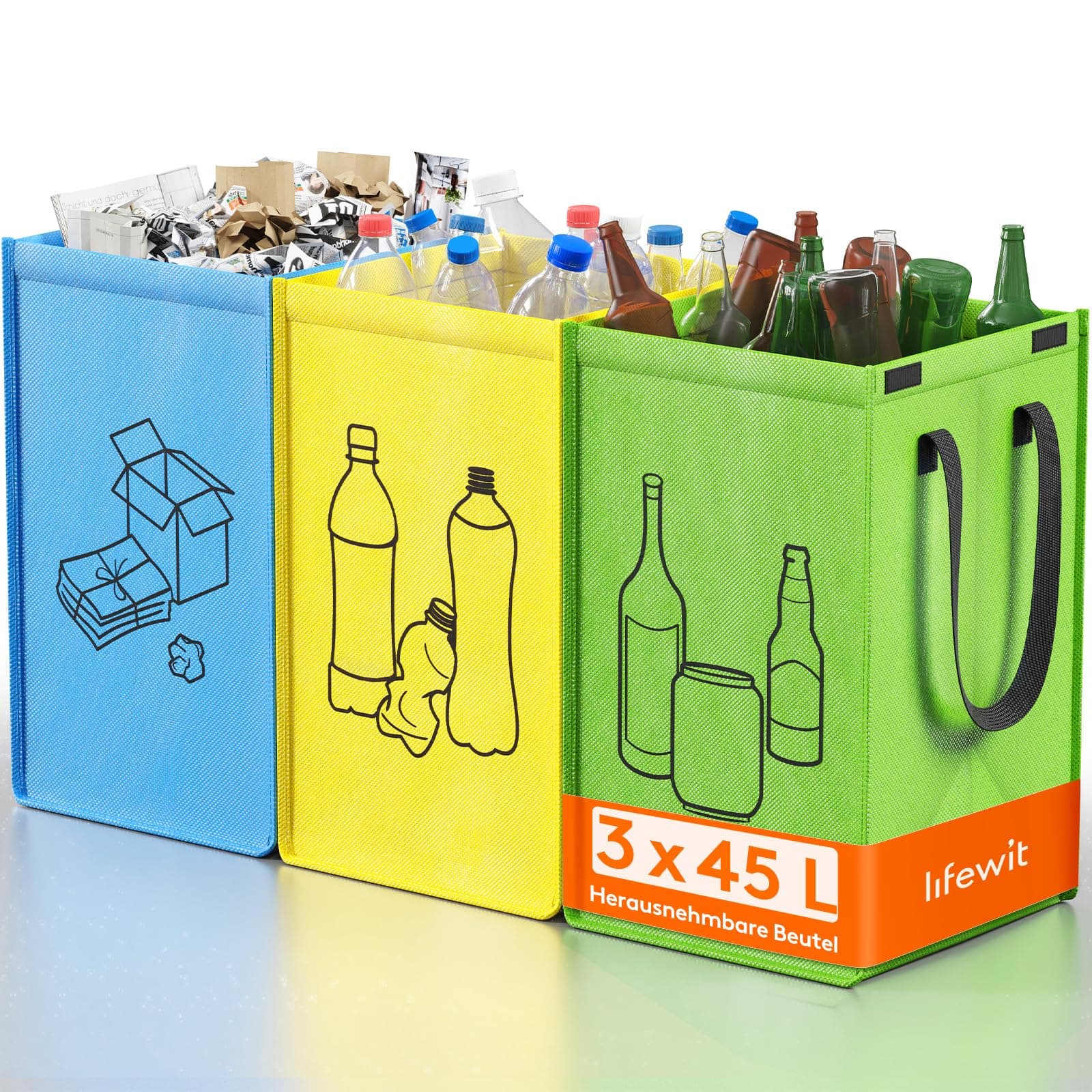 Lifewit Mülltrennsystem für Küche，Mülleimer 3 fächer für Papier, Glas und Plastik ，Recycling behälter, Altpapier sammelbehälter und Pfandflaschen sammelbehälter, 3 X 45L, Einfache Entleerung