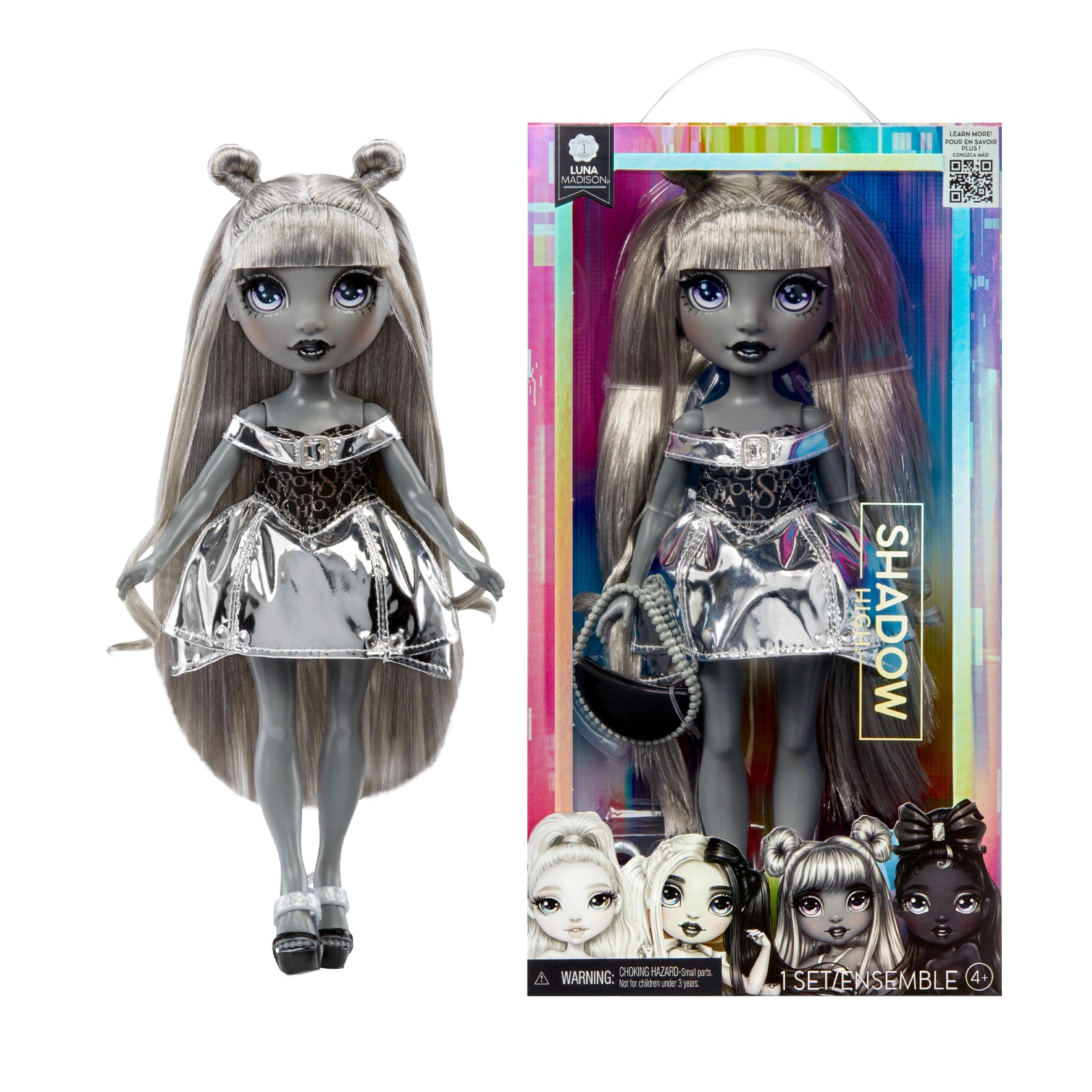 Rainbow High Shadow High Luna Madison - 28 cm Modepuppe in Grauschattierungen, Graues Haar, Metallic Outfit, Stylische Handtasche, Süßes Geschenk für Kinder von 4-10 Jahren
