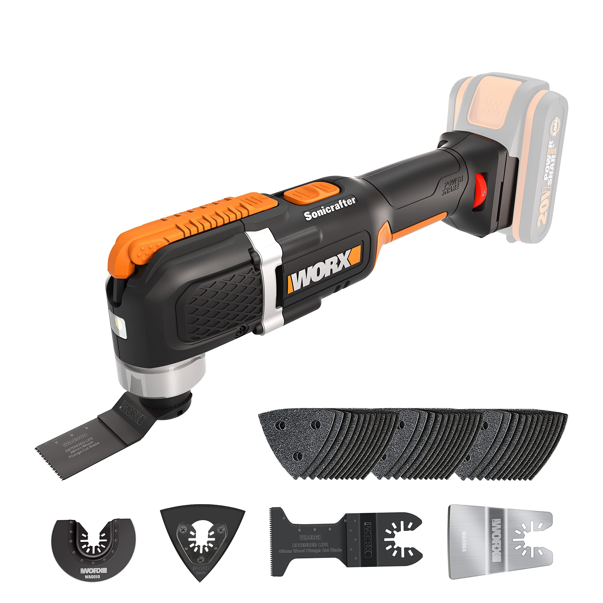 WORX WX696.9 Multierramienta Sonicrafter 20V Sin Batería ni Cargador, Sistema Universal de Accesorios, Velocidad Variable, Incluye 35 Accesorios