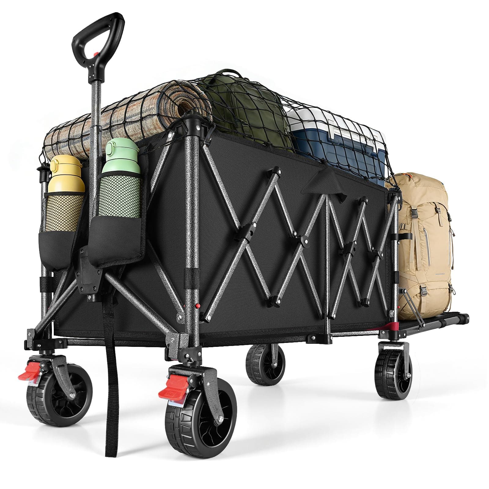 YEAUPE PRO Carrello Pieghevole con Ruote – Carrello Spiaggia con Ruote Grandi e Doppi Freni, Pannello Posteriore Apribile, per Campeggio, Pesca, Oggetti Lunghi, 150-240L Nero
