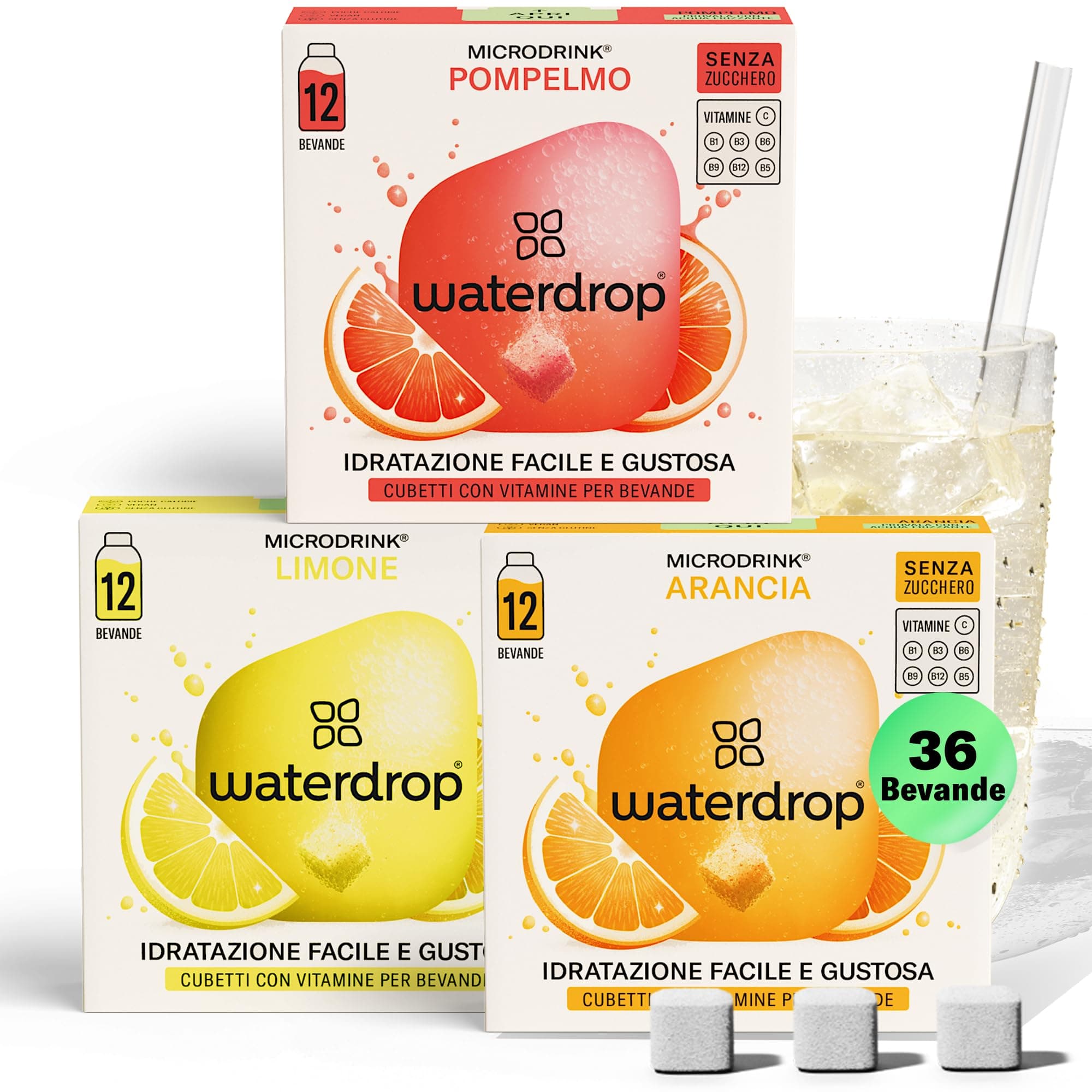 waterdrop® Set Microdrink, ARANCIA, LIMONE e POMPELMO, 36 cubetti effervescenti senza zucchero per aromatizzare l'acqua, Estratti di frutta e piante, Acqua Aromatizzata senza infusione a freddo