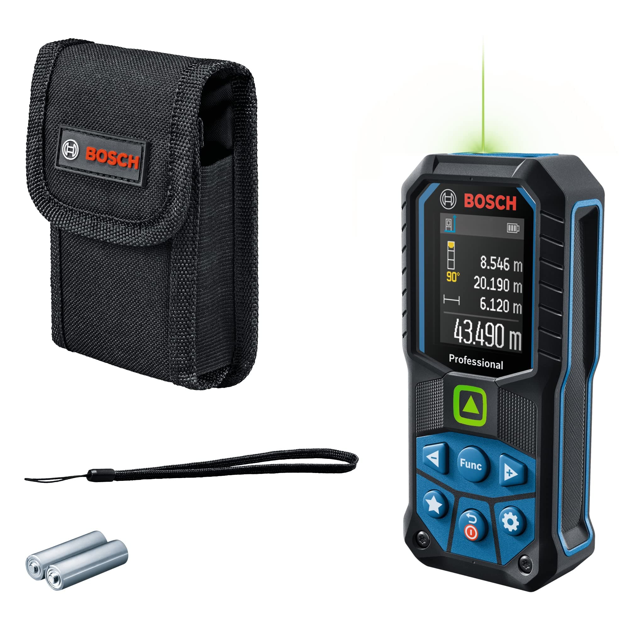 Bosch Professional Medidor Láser GLM 50-23 G (láser verde, sensor de inclinación, alcance: hasta 50 m, robusto, IP65, ±1,5 mm*, 2 pilas AA, correa de sujeción, funda)