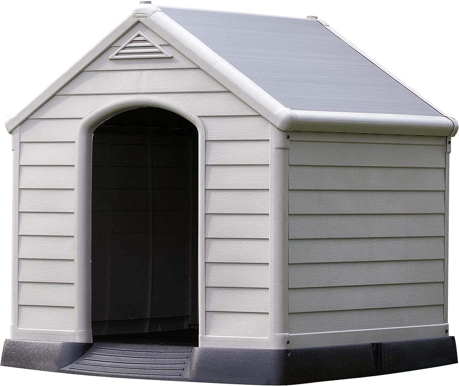 Curver – Caseta de Perro Exterior de Resina, para Perros Grandes y medianos, Suelo Elevado, Sistema de ventilación, 95 x 99 x 99 cm, Color Gris
