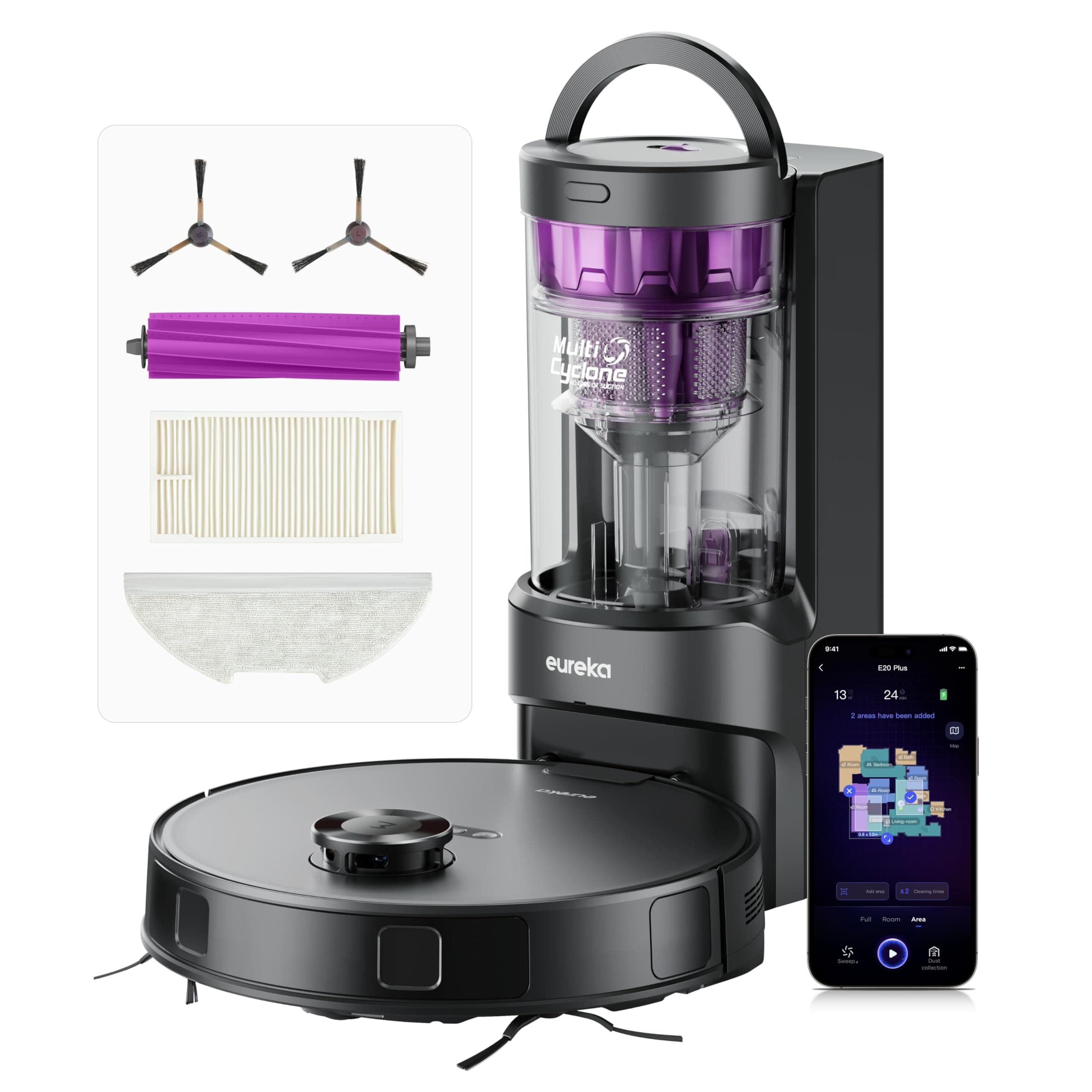 Eureka E20 Plus Robot Aspirapolvere con Stazione senza Sacchetto, 8.000 Pa, Svuotamento Automatico, Batteria 180 min, DuoDetect AI 3D Evitamento Ostacoli, per Tappeti e Peli di Animali Domestici