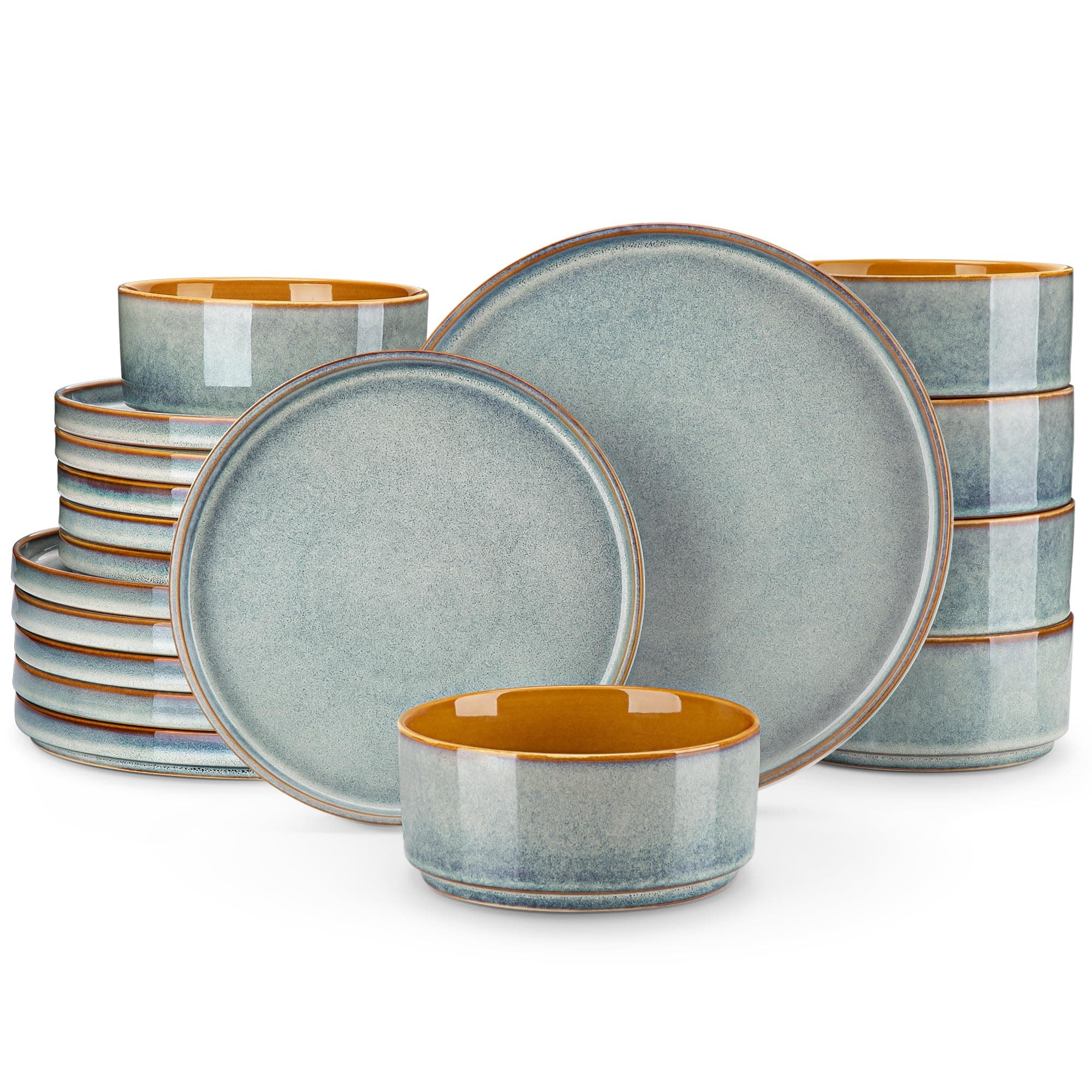 vancasso ONION Vajillas Completas 6 Personas, Vajilla Modernas 18 Piezas de Gres - 6 Platos Llanos, 6 Platos de Postre y 6 Cuencos - Esmaltado Reactivo Azul Claro, Apto para Microondas