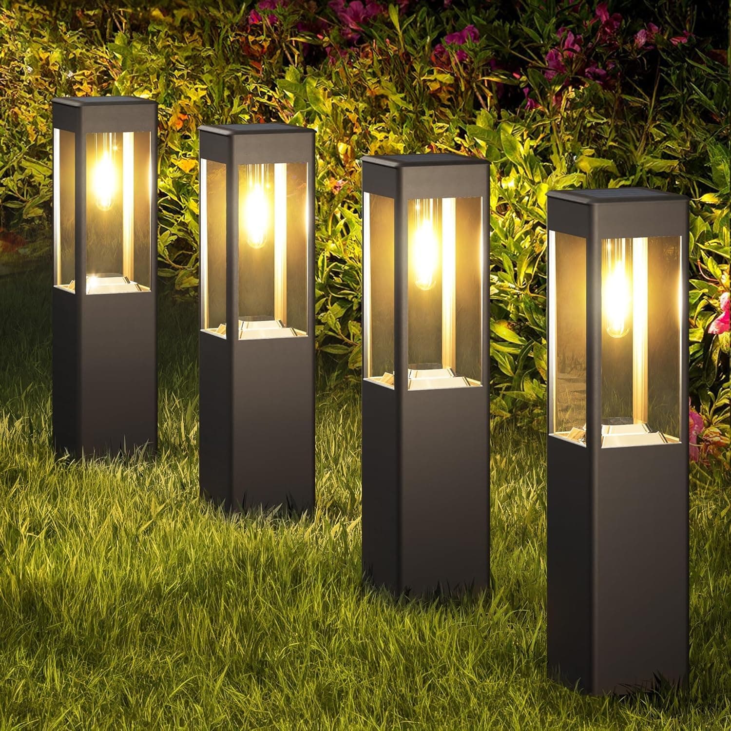 Joomer Lampe Solaire Exterieur Jardin Carré, 4 Packs Lumiere Solaire Exterieur Jardin Étanche, Borne Solaire Exterieur Interrupteur Automatique Éclairage pour Terrasse Patio Allée Chemins, Blanc Chaud