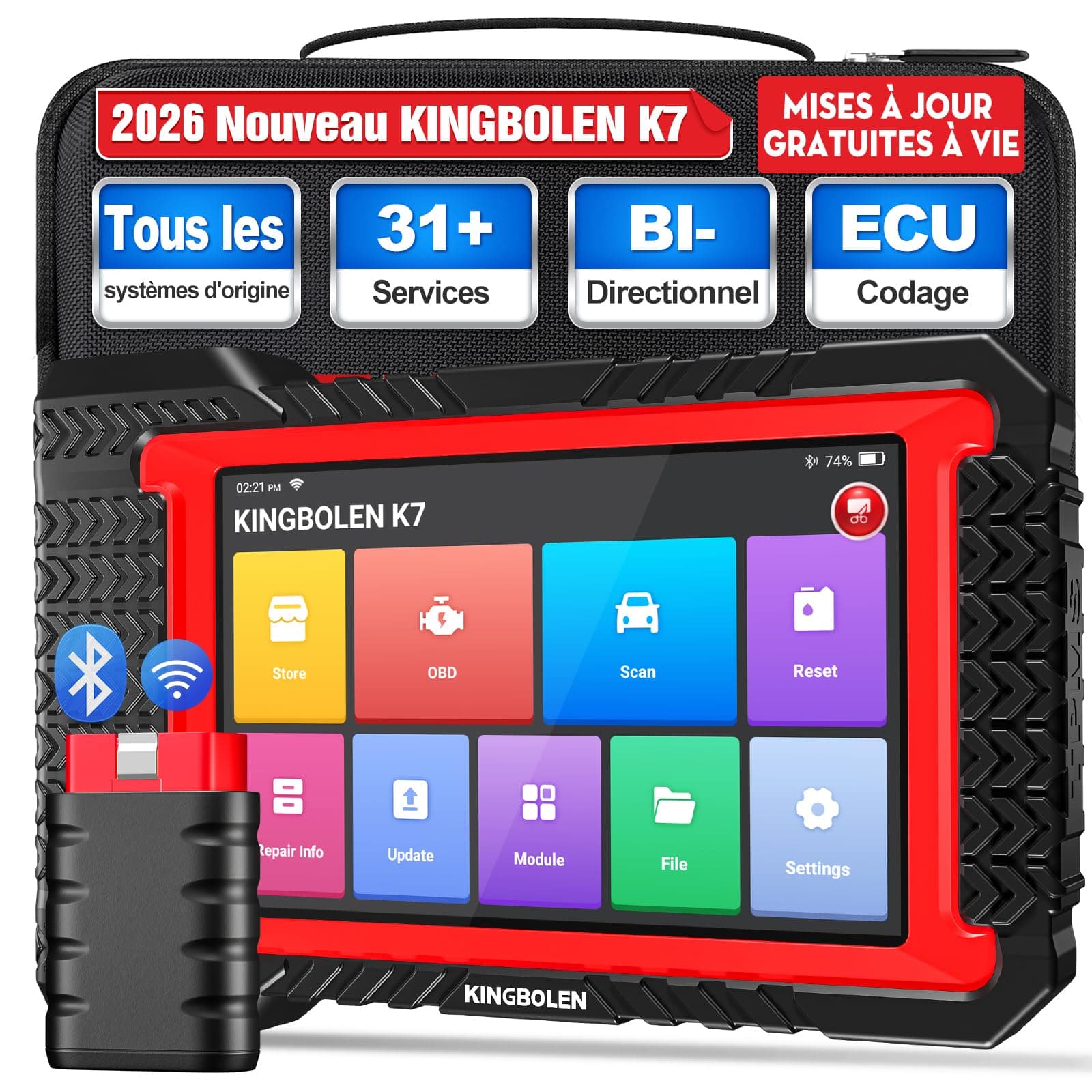 KINGBOLEN K7 Valise de Diagnostic Auto OBD II en français avec mises à Jour gratuites à Vie, 31 Services, bidirectionnels, Codage ECU- Outil incontournable pour Les mécaniciens et Amateurs Voitures