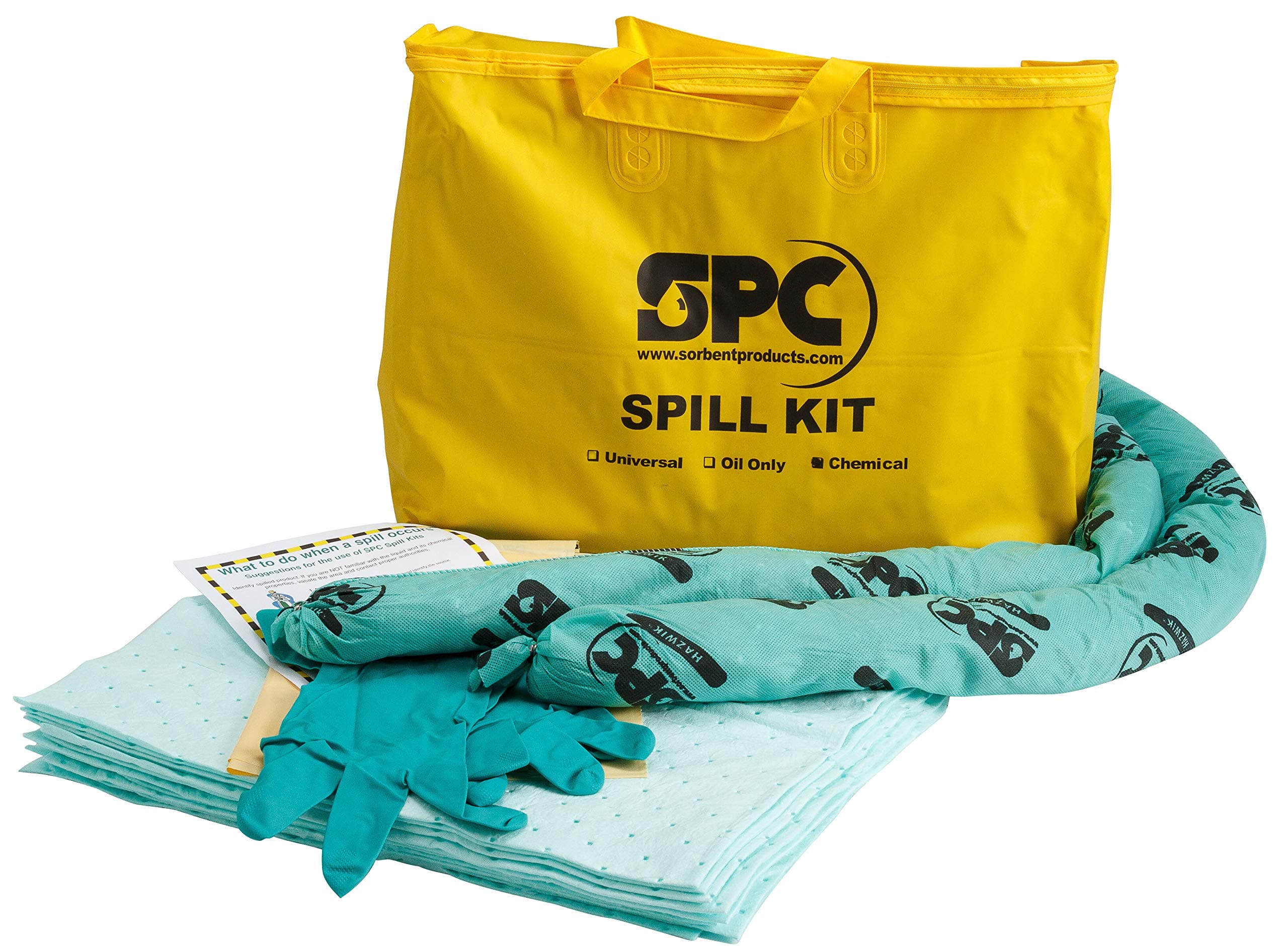 SPC® by Brady Kit Anti-Pollution Chimique – Kit Absorbant Chimique pour Déversements de Produits Chimiques Dangereux, Inclus 10 Feuilles Absorbantes Chimiques, 2 Boudins, Gants et Sac de Déchet