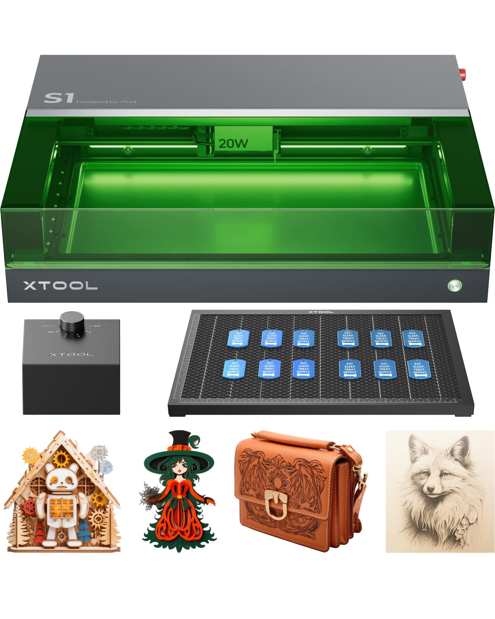 xTool S1 20W Graveur Laser avec Panneau de Travail et Assistance d'air, Positionnement à Pin Points, Autofocus, 600 mm/s, 498 x 333 mm, Gravure Laser pour Bois, Métal, Cuir, Acrylique, Verre - Noir