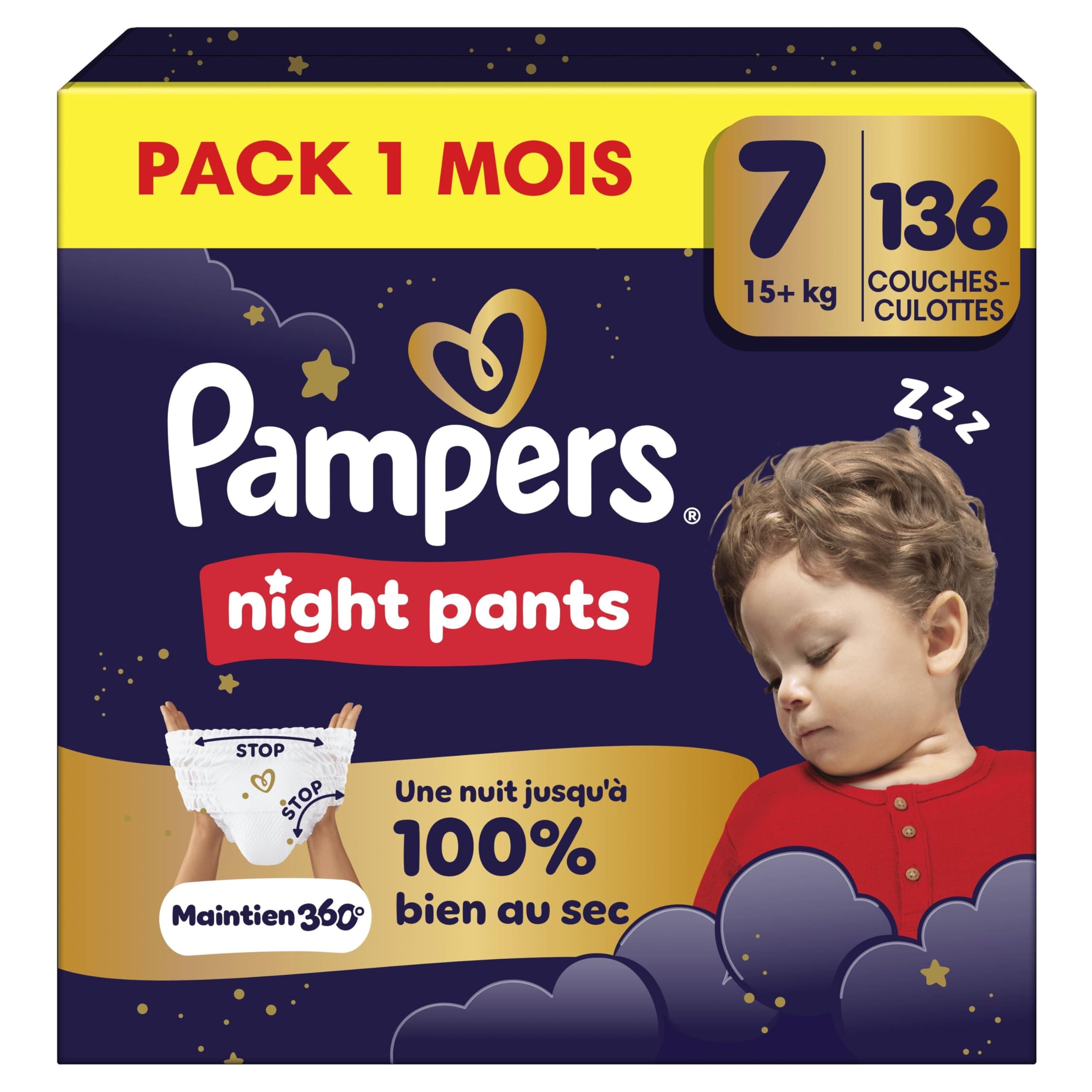 Pampers Night Pants, Taille 7, 136 Couches-Culottes, 15kg+, Offrent Une Protection Renforcée Toute La Nuit
