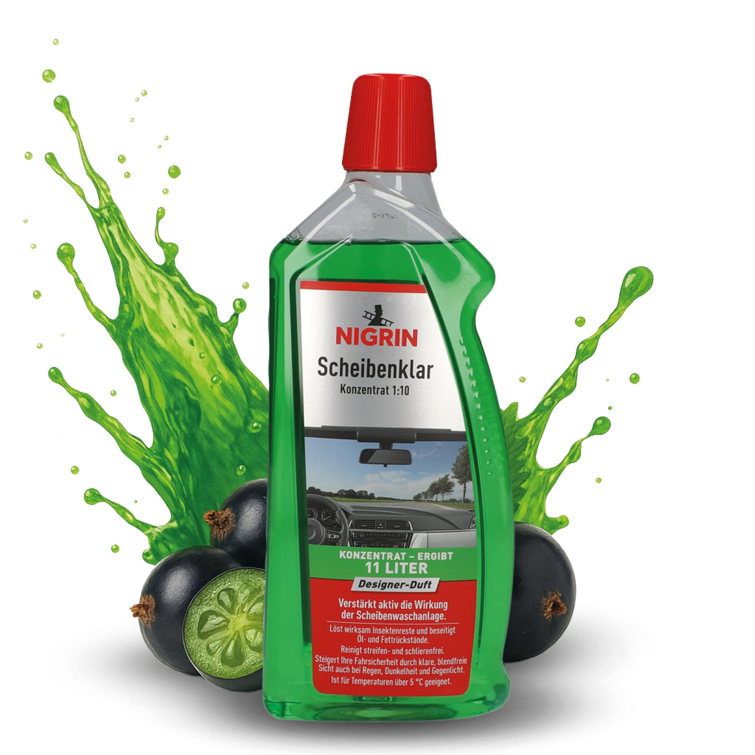 NIGRIN Scheibenklar Konzentrat 1:10 Designer Duft | 1 Liter | Reinigungszusatz für Autoscheiben und Scheinwerfer | entfernt Insekten, Öl, Fett | schlierenfrei | verhindert Streulicht | ab 5 °C