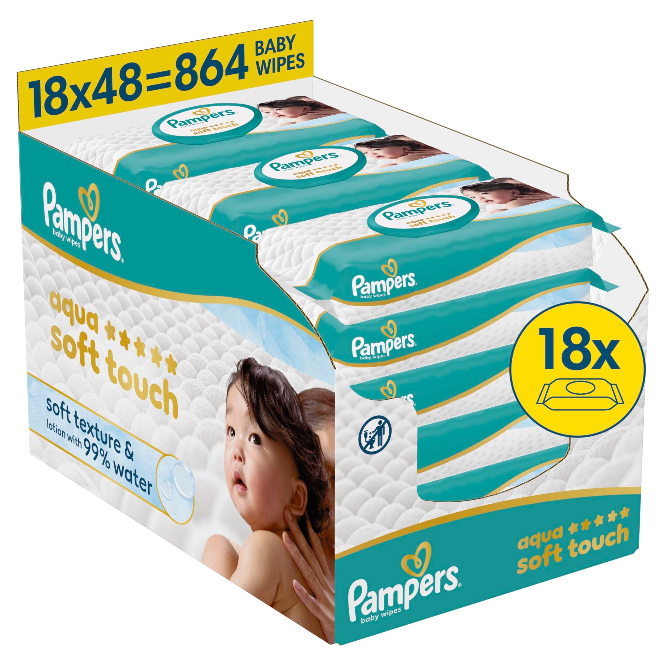 Pampers Aqua Soft Touch Baby-Feuchttücher, 18 Packungen mit 48 Feuchttüchern = 864 Baby-Feuchttücher, weiche Textur & Lotion mit 99% Wasser
