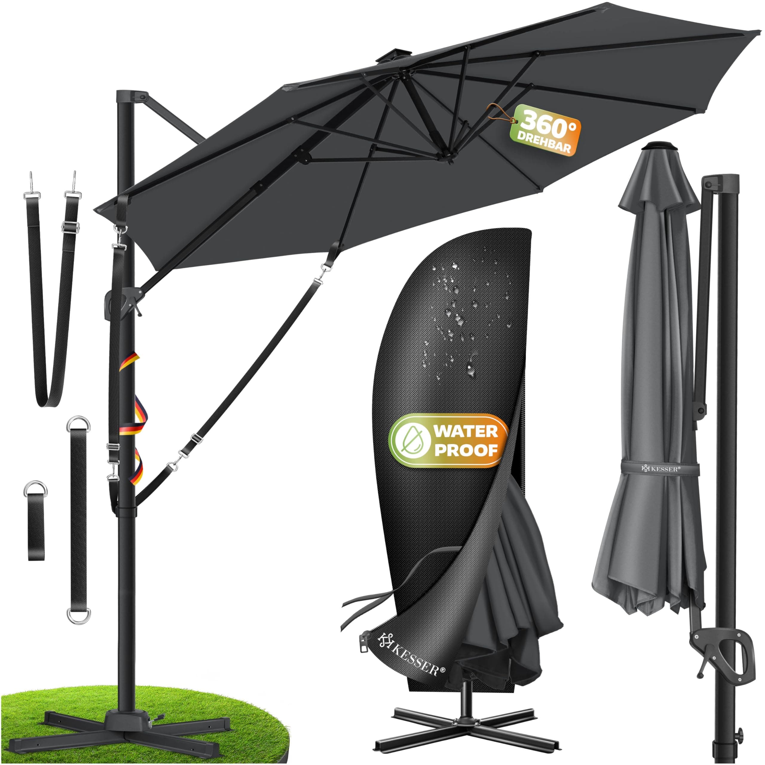KESSER® Sonnenschirm Ampelschirm SUN XL 300 x 300 cm Inkl. Abdeckung + Windsicherung Drehbar Neigbar Kippbar Marktschirm Groß 360° Rotation, Gartenschirm mit Kurbel Sonnenschutz UV50+, Anthrazit