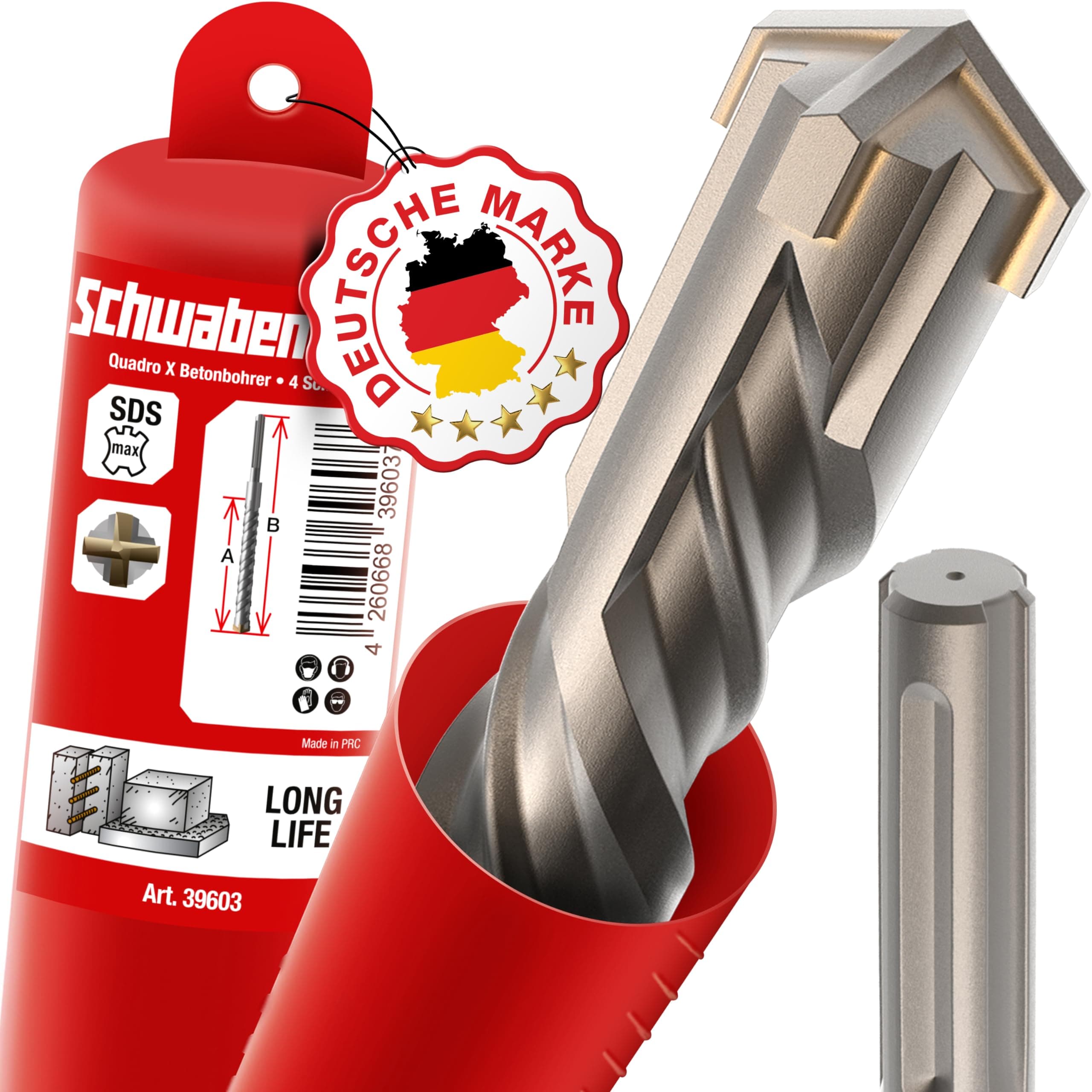 SCHWABENBACH® Punta SDS Max 40mm x 1080 x 1200 – Lunghezza Utile 1080mm – Foratura su Calcestruzzo e Cemento Armato – Punta Trapano per Muro