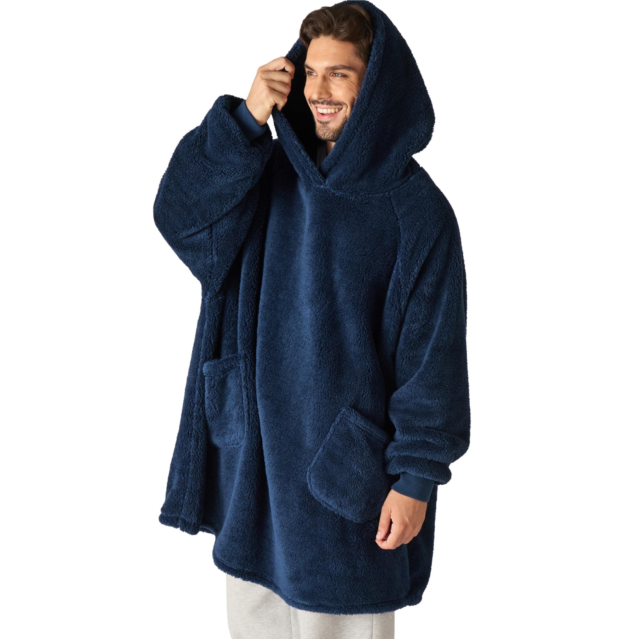 Bedsure Plaid à Manches Cadeau Bleu - 95x85cm | Couverture douce et chaude avec manches, portable avec poches, idéale pour canapé et hiver. Cadeau pour femmes et hommes