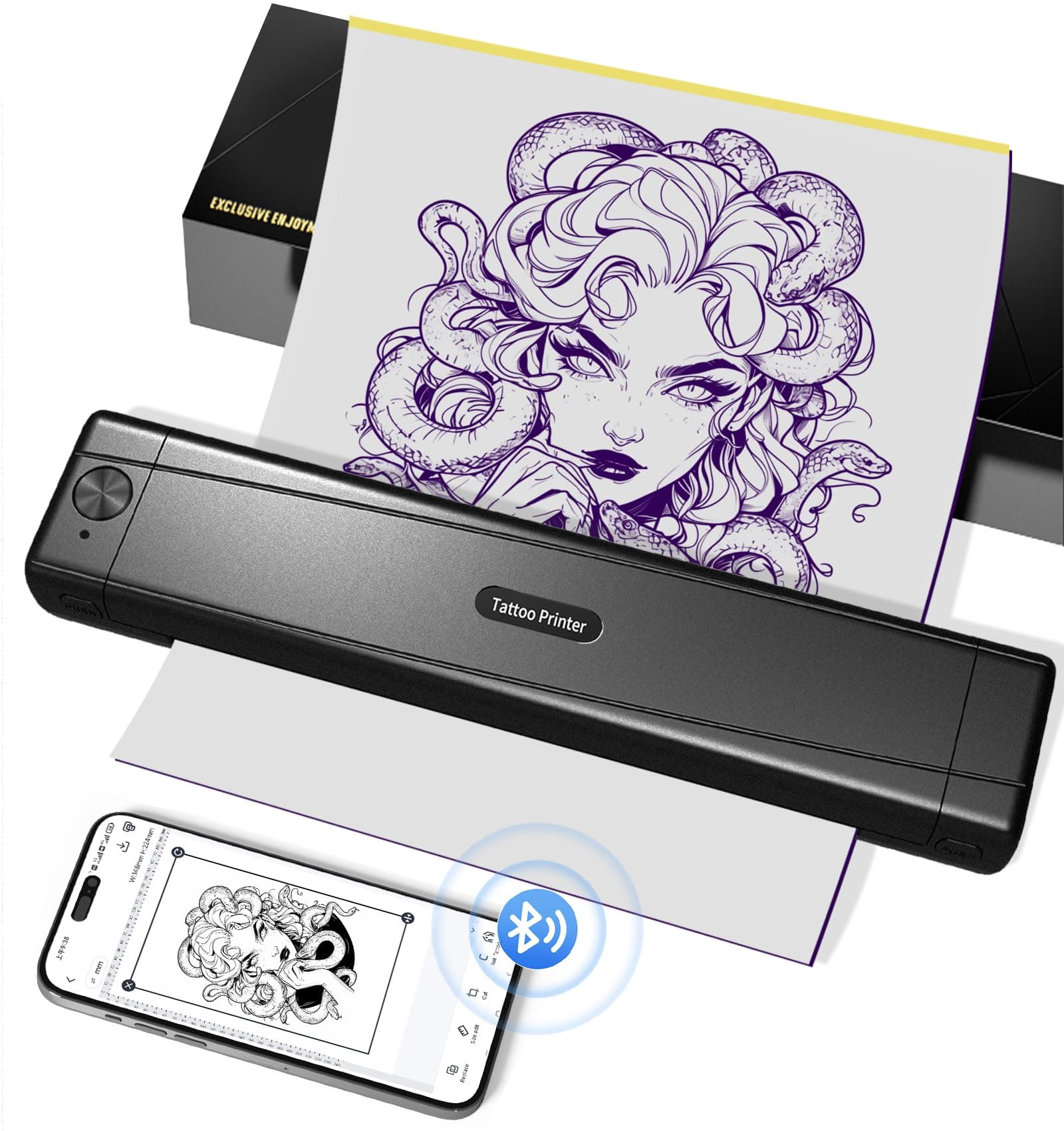 TATTMUSE Stampante Stencil Tattoo, Stampante Termica Tattoo con 10 Fogli di Carta Transfer per Tatuaggi, Stencil Machine per Artisti e Principianti, Bluetooth Compatibile con Smartphone & Tablet