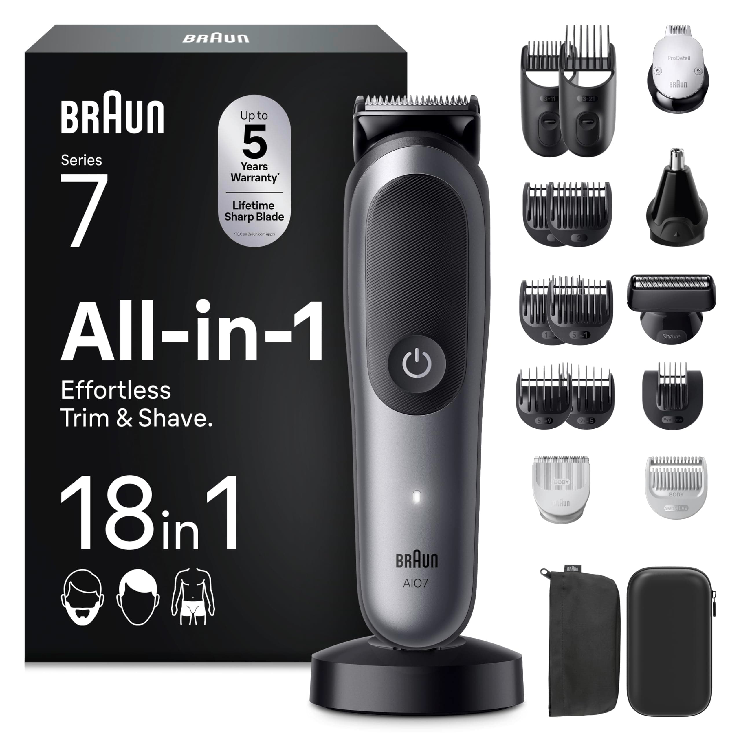 Braun Recortadora Todo En Uno Series 7 AIO7585, Kit De Styling 18en1 Para Barba, Pelo, Orejas, Nariz y Cuerpo, 120 Min De Autonomía, Cortapelos Hombre Con Lámina Ultra Afilada, Gris