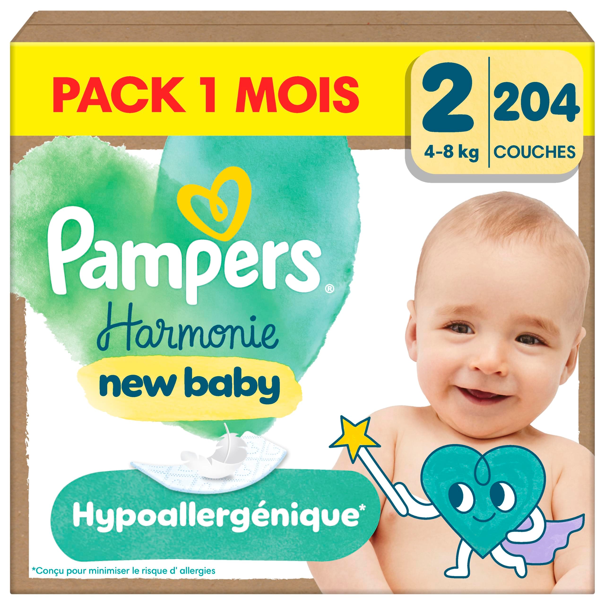 Pampers Harmonie Couches Édition Limitée, Taille 2, 204 Couches, 4kg-8kg, Conçues Pour Les Peaux Les Plus Sensibles, Pack 1 Mois