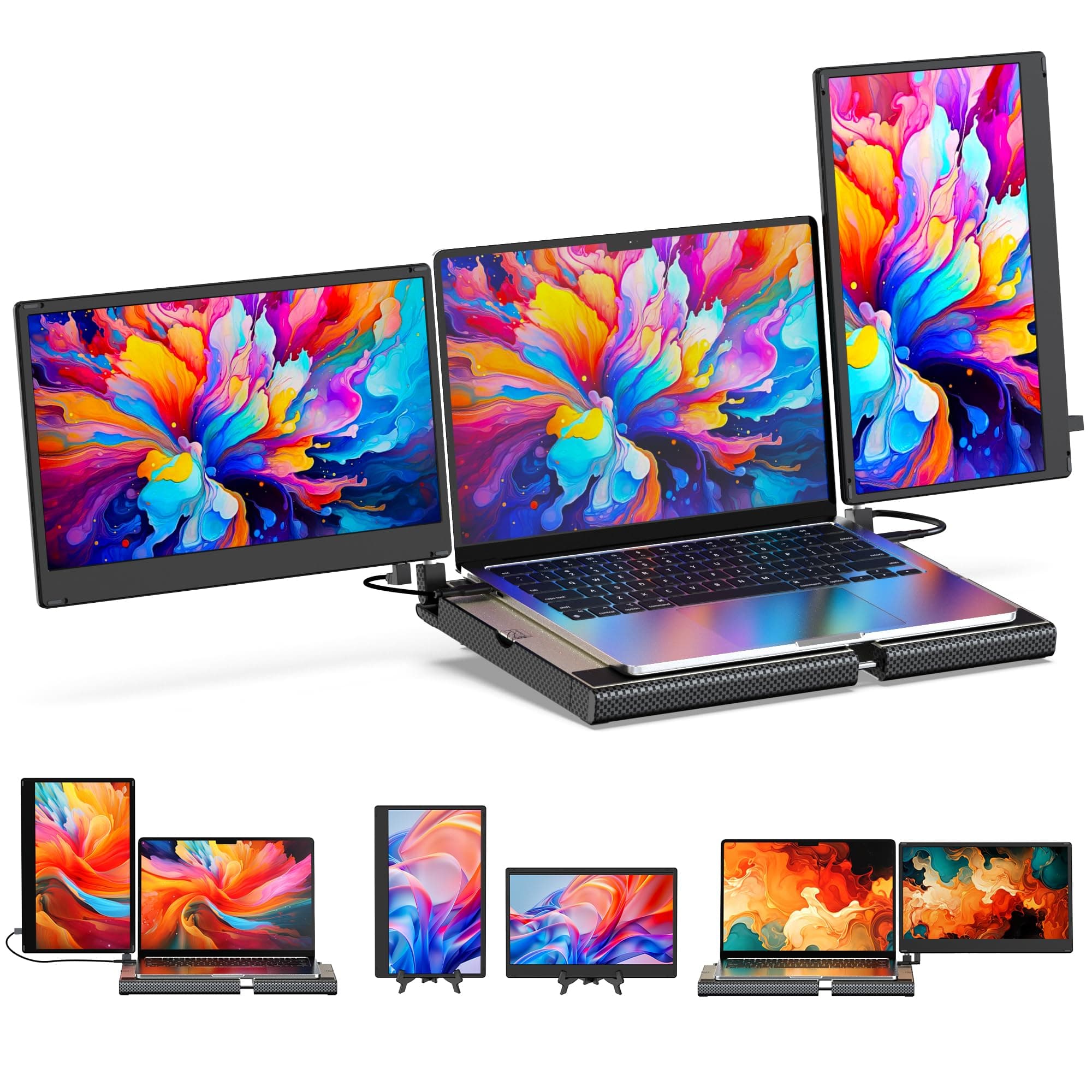 SMISEACOW Monitor portatile per laptop–Rotazione a 360° F3 Monitor portatile triplo, orizzontale e verticale, con supporto, 14 pollici IPS FHD 1080P, compatibile con PS5, Windows/Mac e laptop/Mini PC