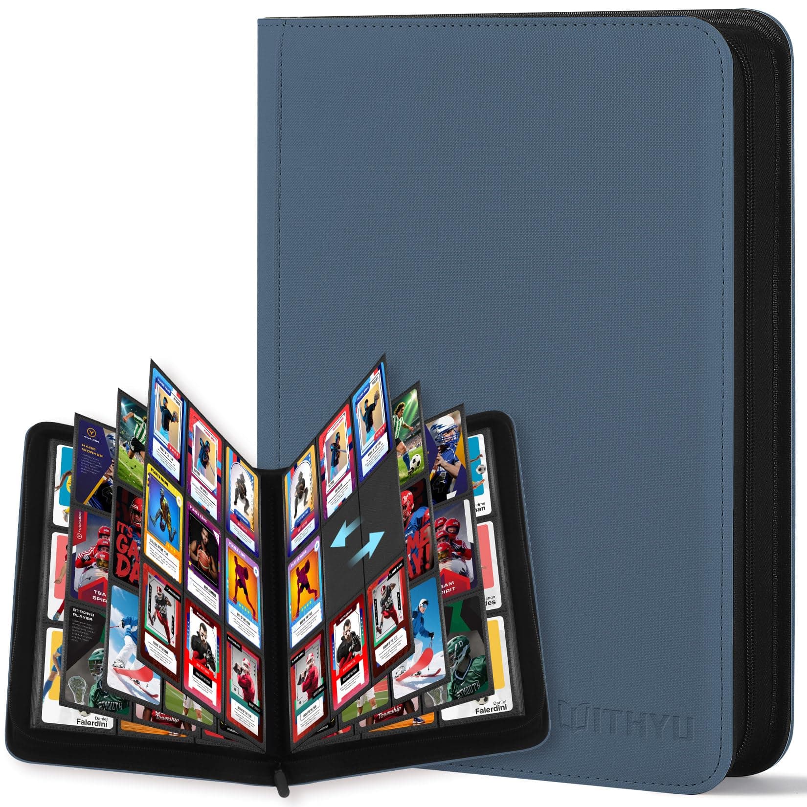 WITHYU 9 Album Collezionista per Carte - 540 Carte Capacità, Portacarte Impermeabile e Antigraffio con Inserimento Laterale per TCG/Sport, Design Senza Anelli e Cerniera (Blu Indaco)