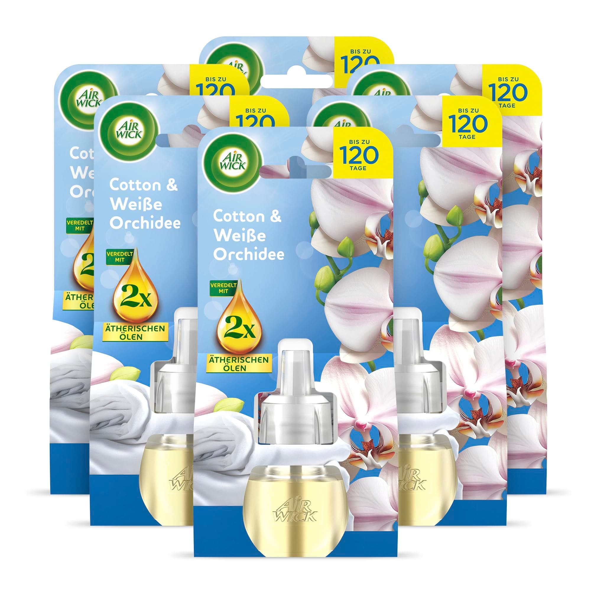 Air Wick Duftstecker Nachfüller – Lufterfrischer für die Steckdose – Raumduft Cotton und Weiße Orchidee – 6 x 19ml Duftölflakon-Nachfüllern