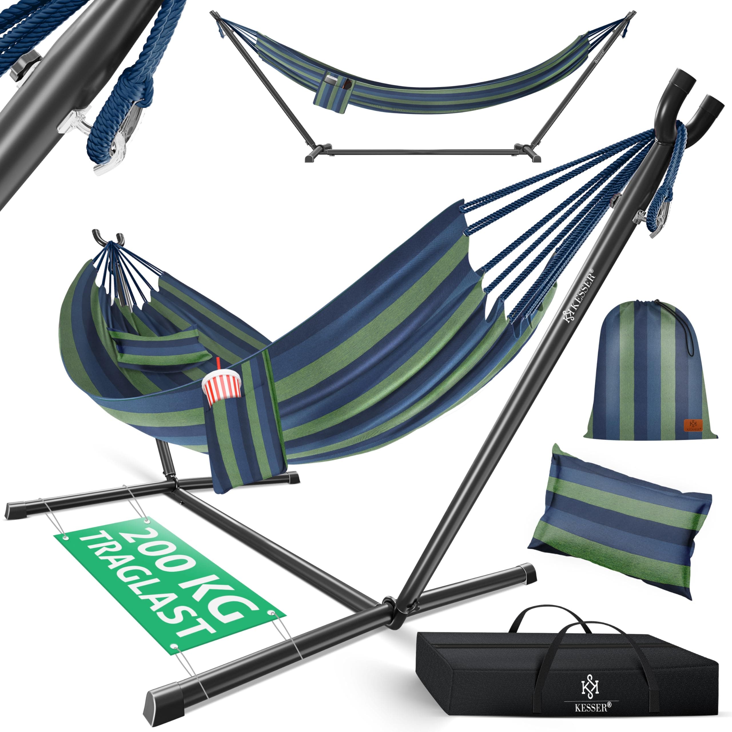 KESSER® Hängematte Lake mit Gestell, Doppel für 2 Personen, 200kg Belastbarkeit, Indoor & Outdoor, XXL Hängesessel, Garten, Pool, Balkon, Terrasse, Inkl. Kissen, Beutel & Tasche, Blau