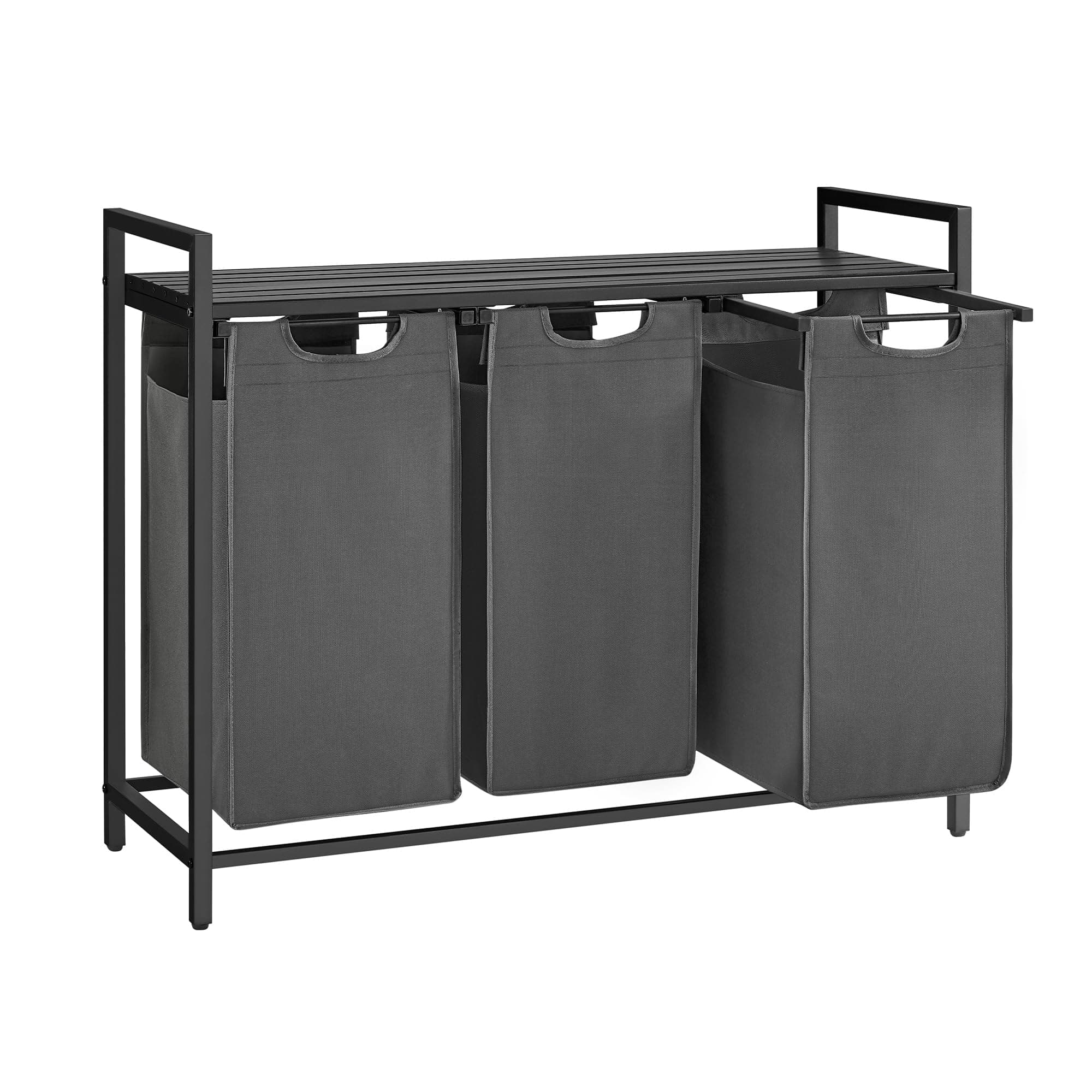 VASAGLE Wäschekorb 3 Fächer, Wäschesammler mit Ablage, Wäschebox, Wäschesack aus Oxford-Gewebe abnehmbar, Metallrahmen, 3 x 40 L, 92,5 x 33 x 72 cm, schiefergrau-anthrazitgrau BLH301G01