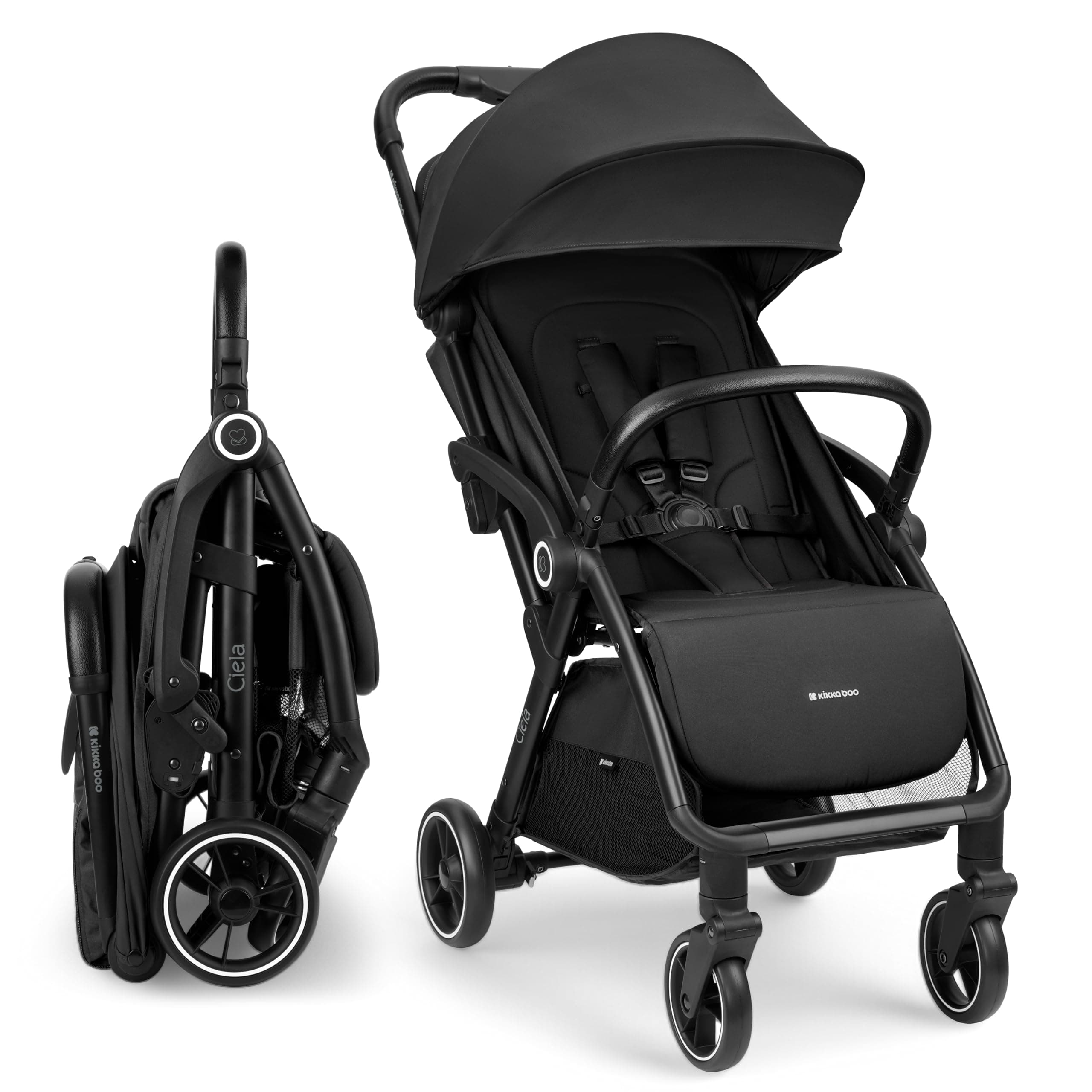 KikkaBoo Passeggino Leggero fino a 22 kg CIELA, Piegatura Automatica, Schienale Reclinabile, da Viaggio, Misura Bagaglio a Mano, Nero