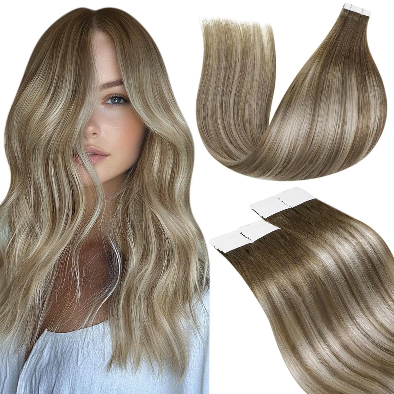 LaaVoo Extension Biadesive Capelli Veri 20pz Balayage Marrone Chiaro Con Biondo Platino a Marrone Chiaro Umani Lisci Remy Lunghi Extension Capelli Veri Biadesivo 50cm 50g #8/60/8