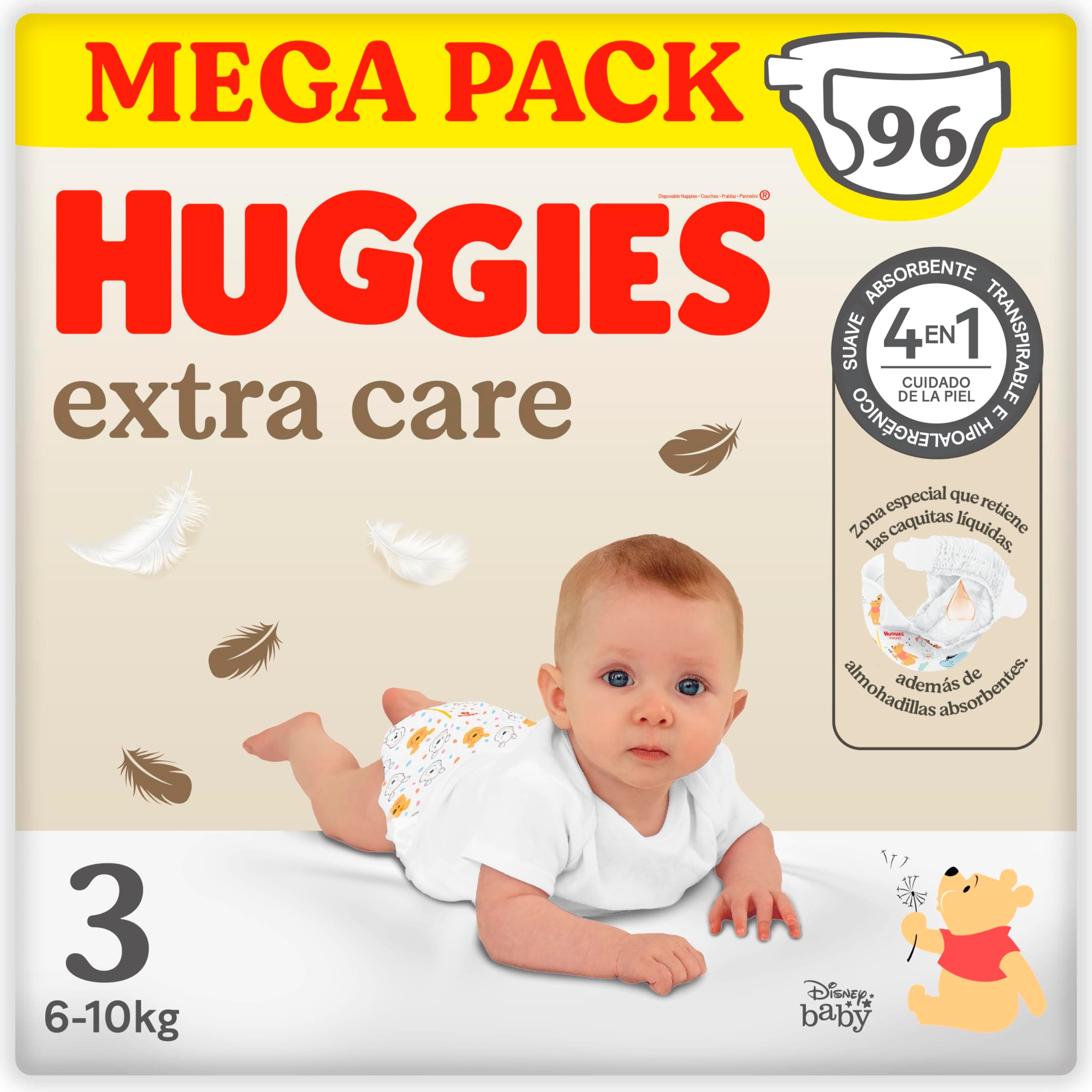 Huggies Extra Care Pañal para bebé con diseños Disney Talla 3 (5-9 kg), 3 packs x 32 pañales, 96 pañales con almohadillas extra suaves que cuida de la piel del bebé