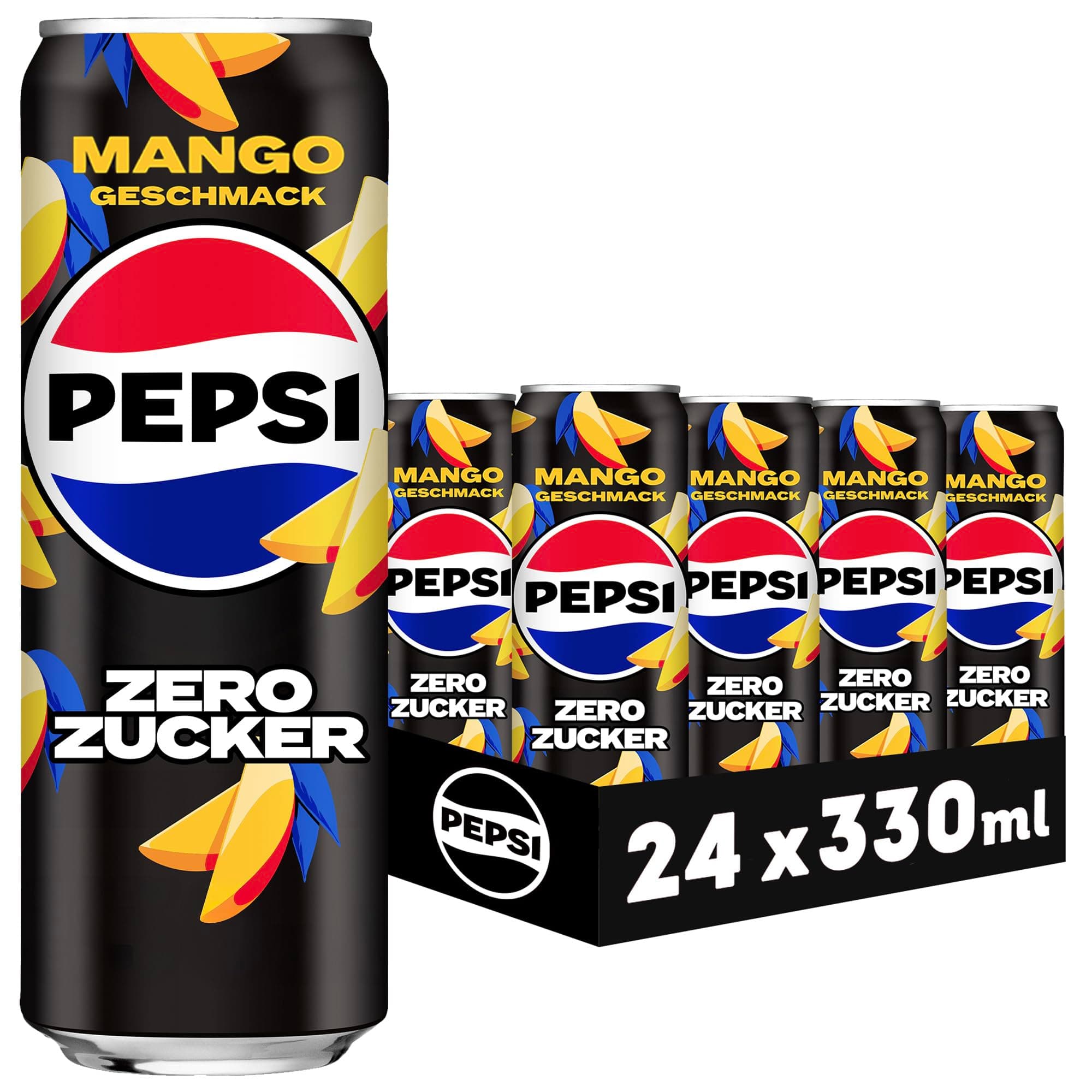 Pepsi Zero Zucker Mango, Das zuckerfreie Erfrischungsgetränk von Pepsi ohne Kalorien, Koffeinhaltige Cola mit Mango Geschmack in der Dose, EINWEG (24 x 0.33 l) (Verpackungsdesign kann abweichen)