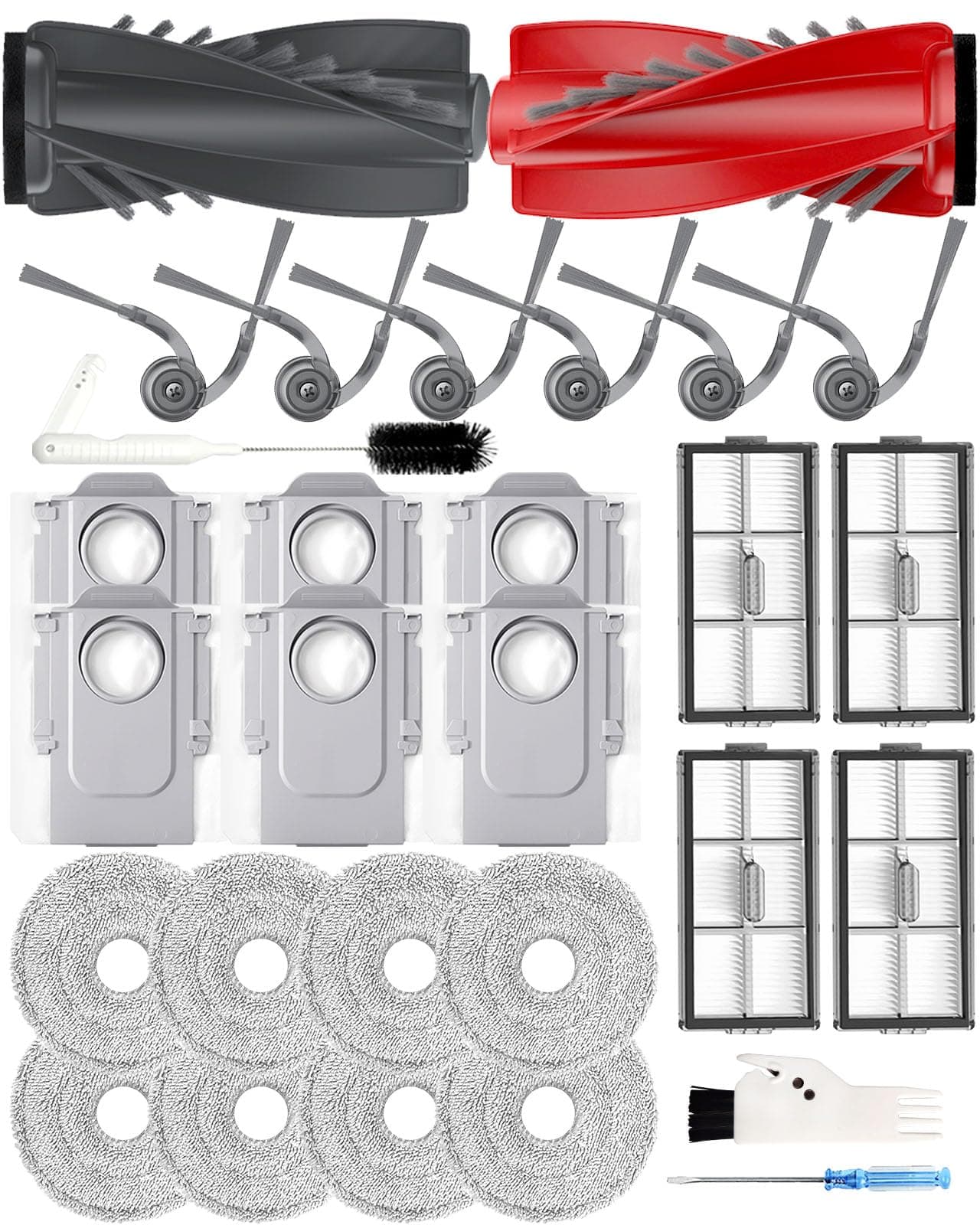 Kit di Manutenzione per Roborock SAROS 20/SAROS 10R, Qrevo Curv, Qrevo Curv 2 Pro, Qrevo Curv 2 Prox：2 Spazzole Rotanti, 6 Laterali, 4 Filtri, 8 Panni, 6 Sacchetti | Materiali Durevoli